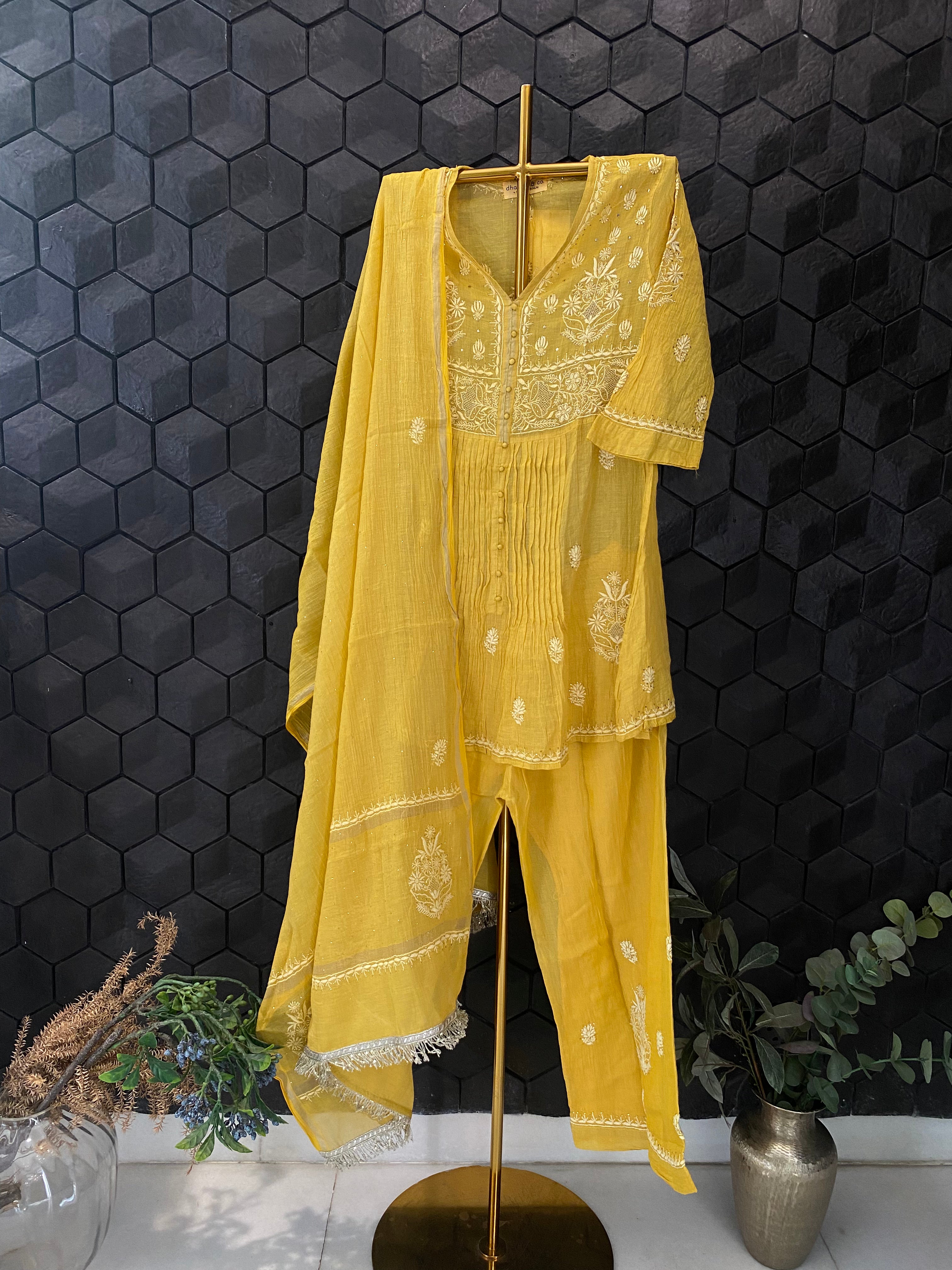 Yellow Silver Tissue Chikankari Garara Set