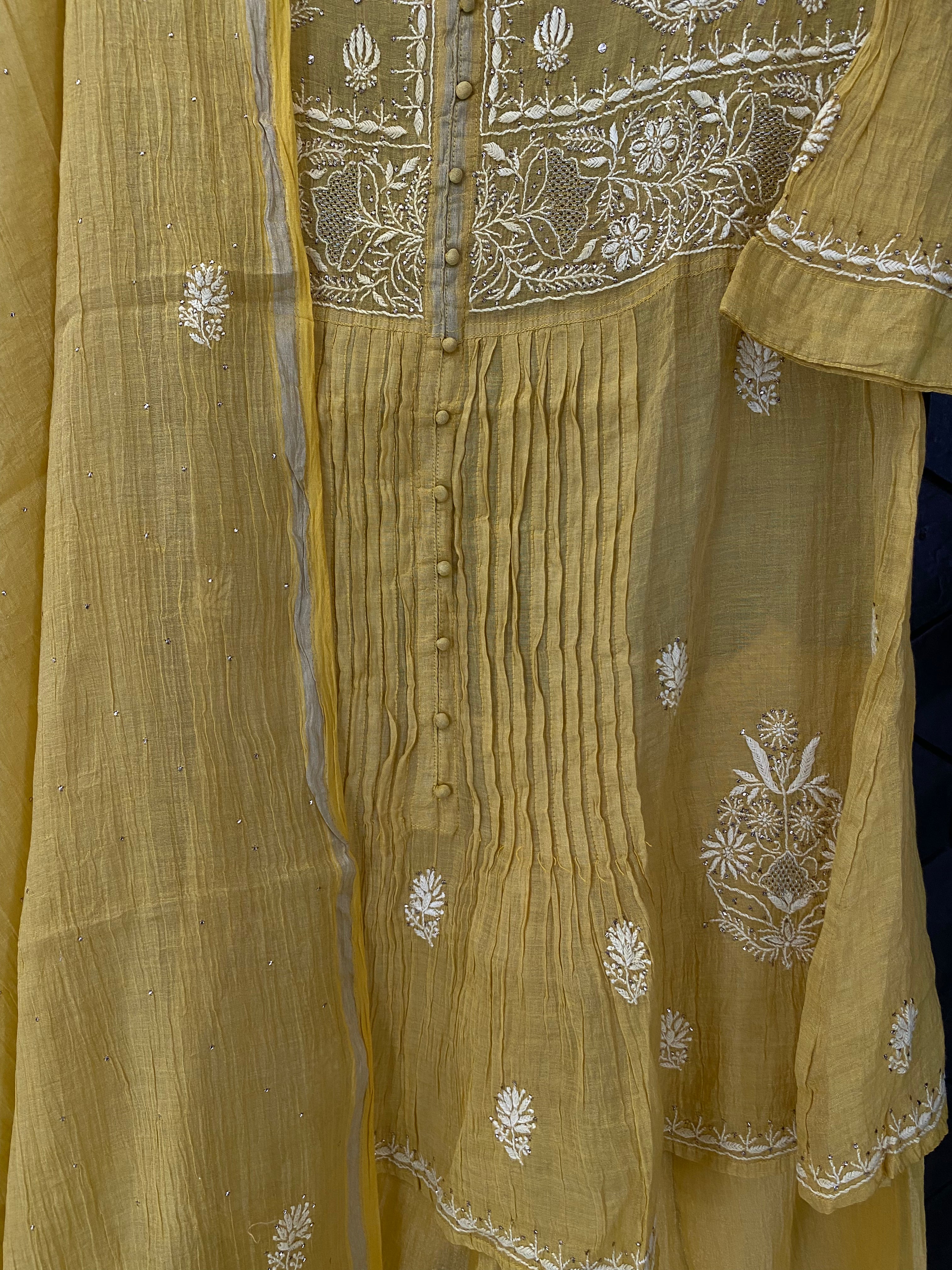 Yellow Silver Tissue Chikankari Garara Set