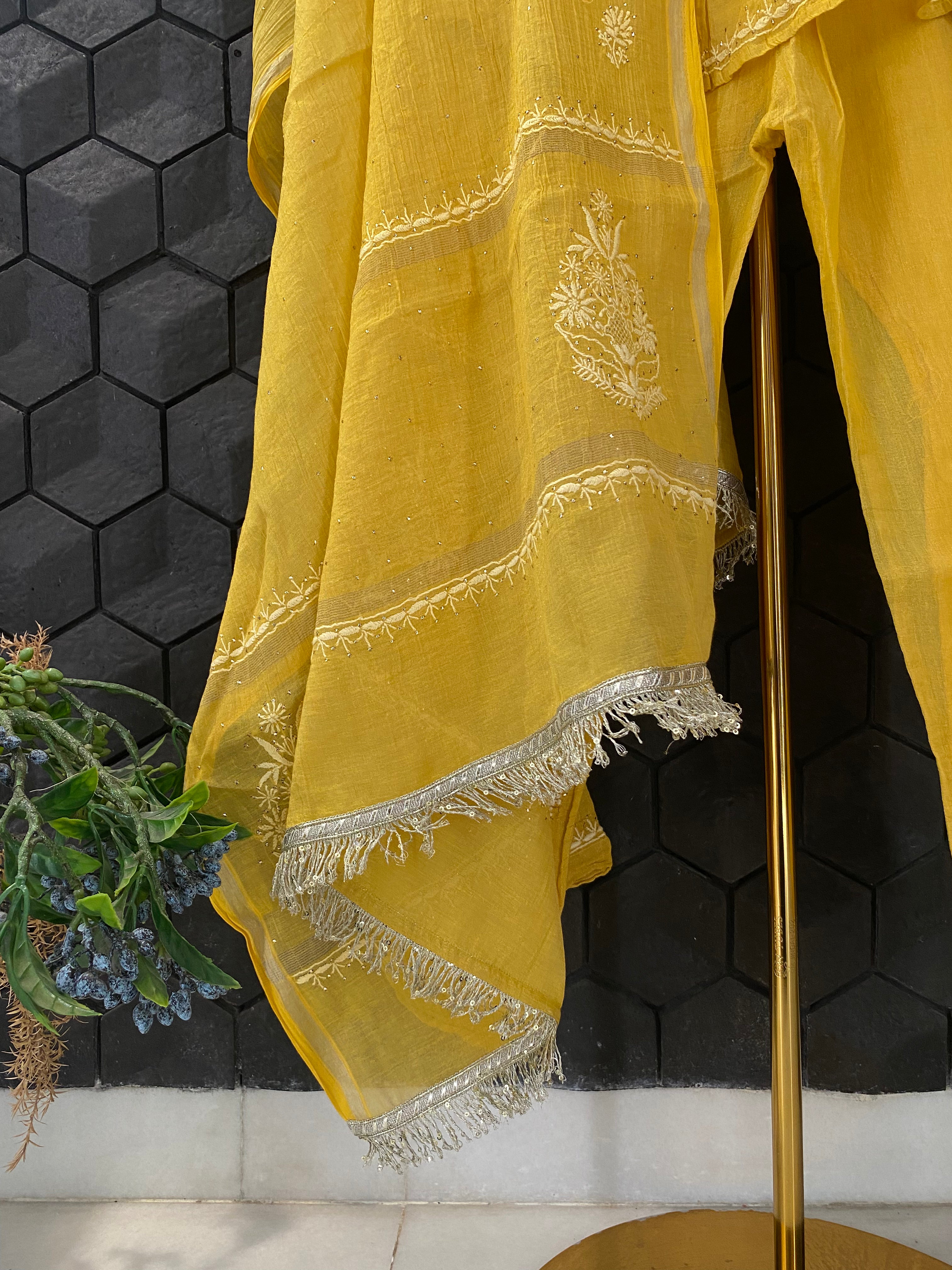 Yellow Silver Tissue Chikankari Garara Set