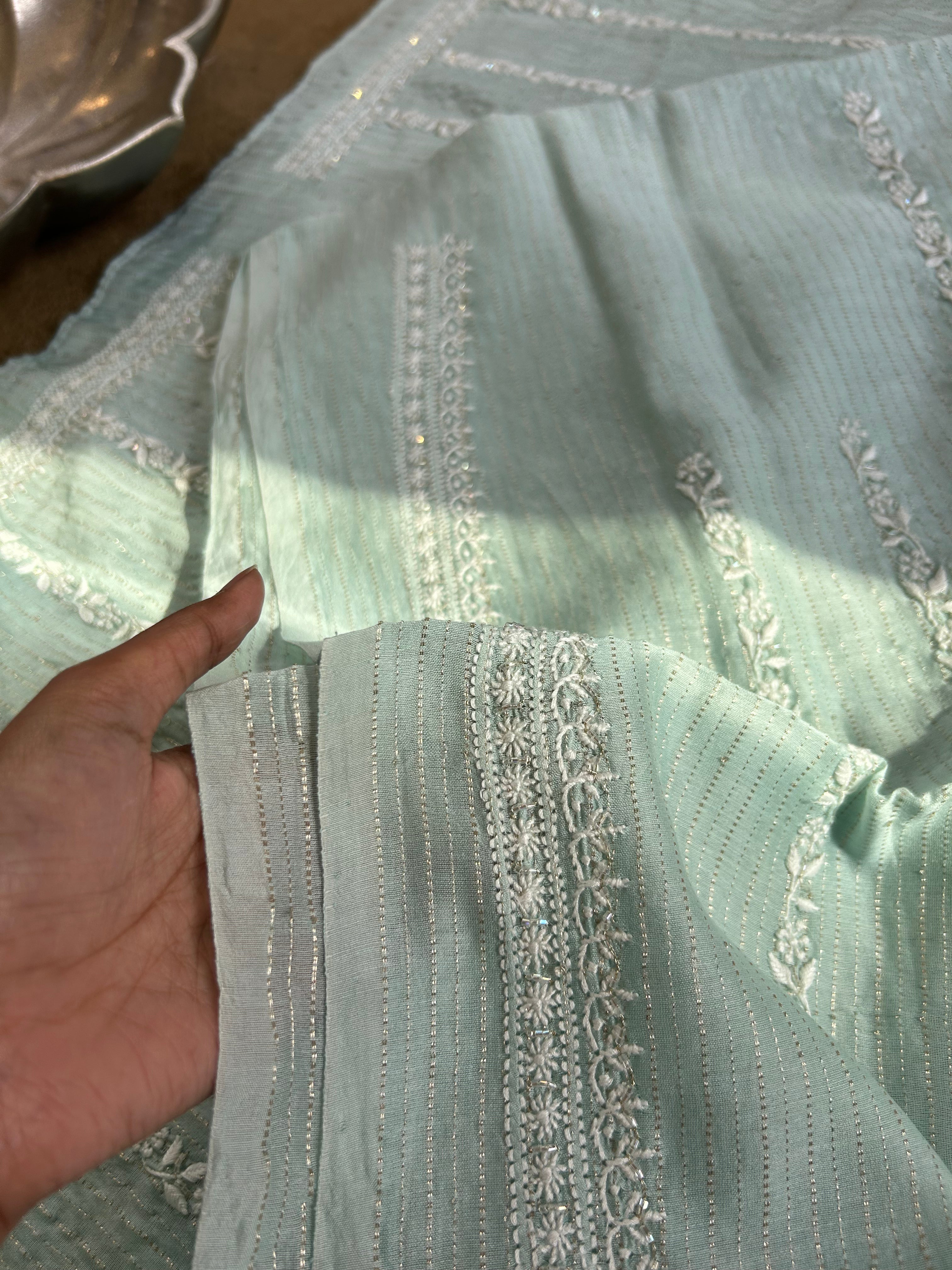 Sea Green Mul Chanderi Chikankari Mens Kurta