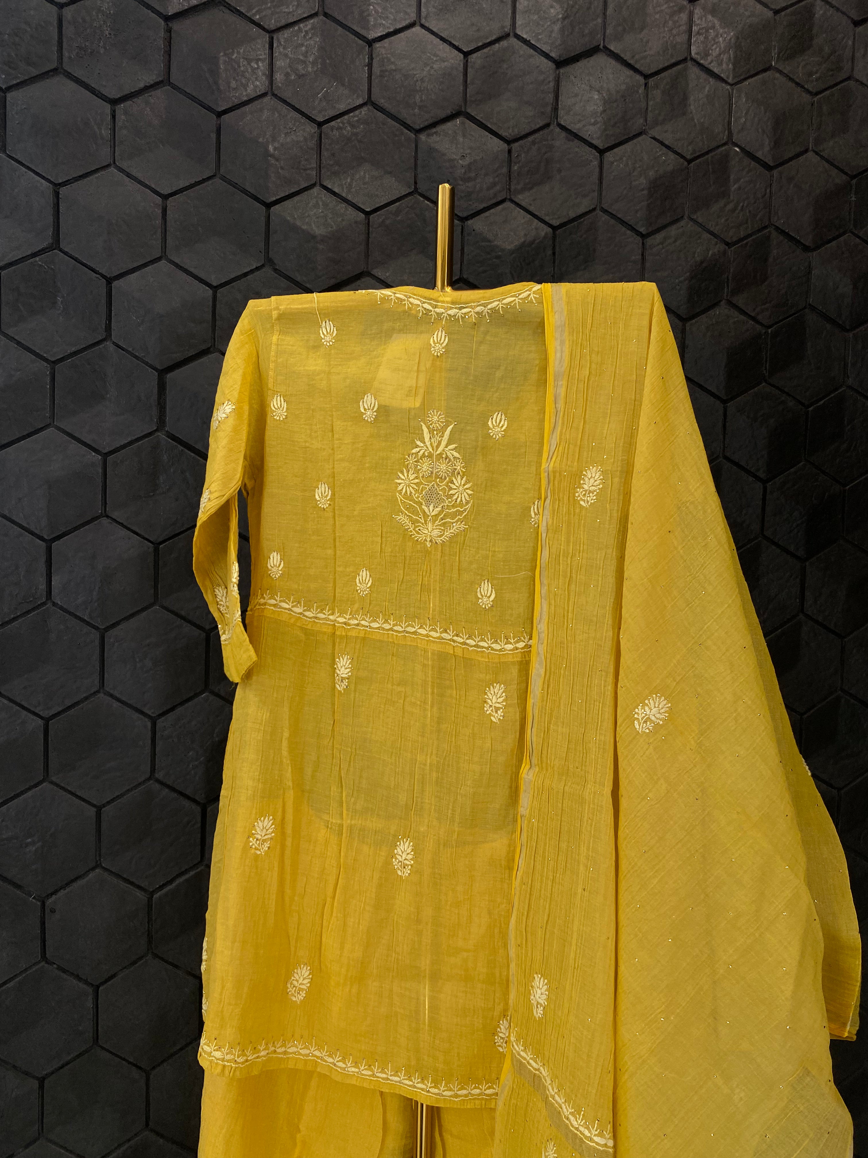 Yellow Silver Tissue Chikankari Garara Set