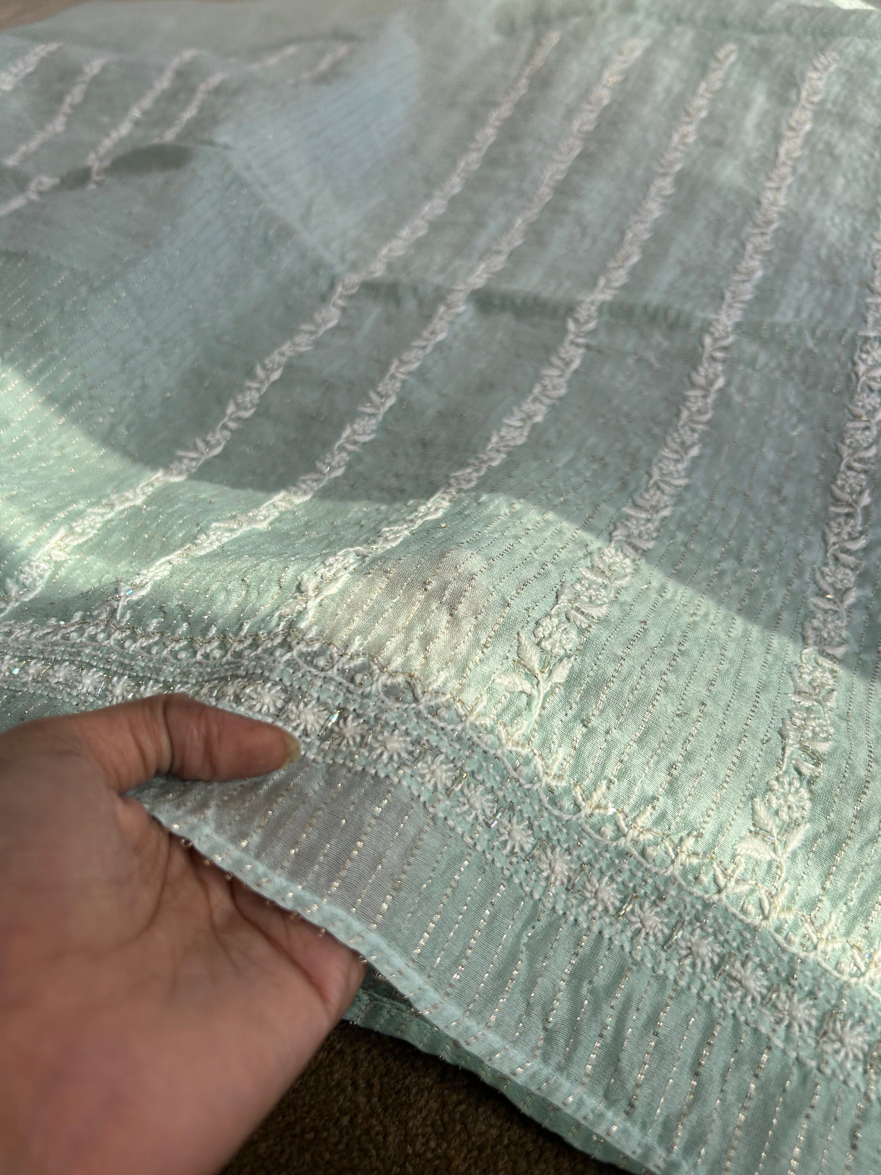 Sea Green Mul Chanderi Chikankari Mens Kurta