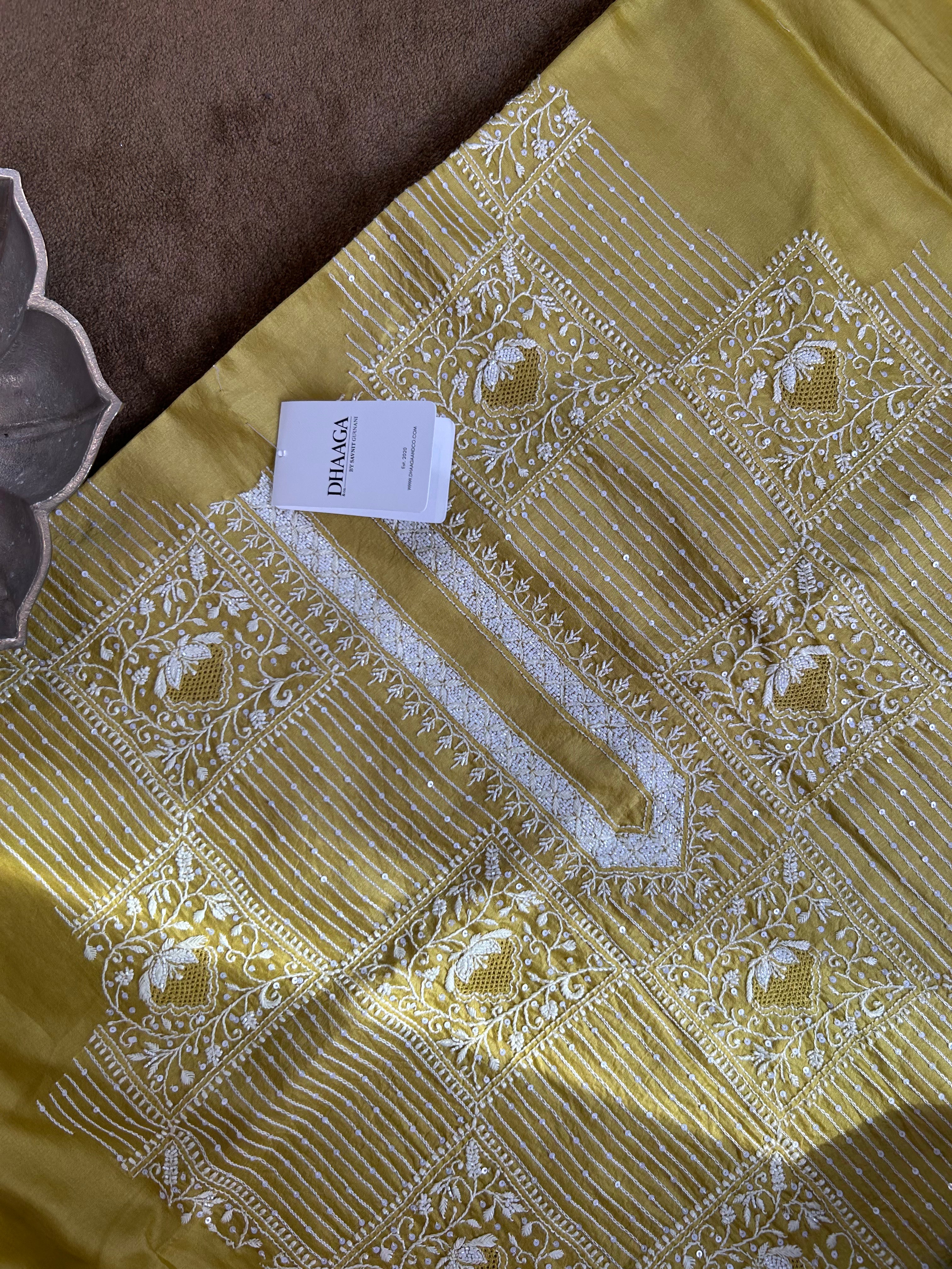 Green Chanderi Chikankari Mens Kurta