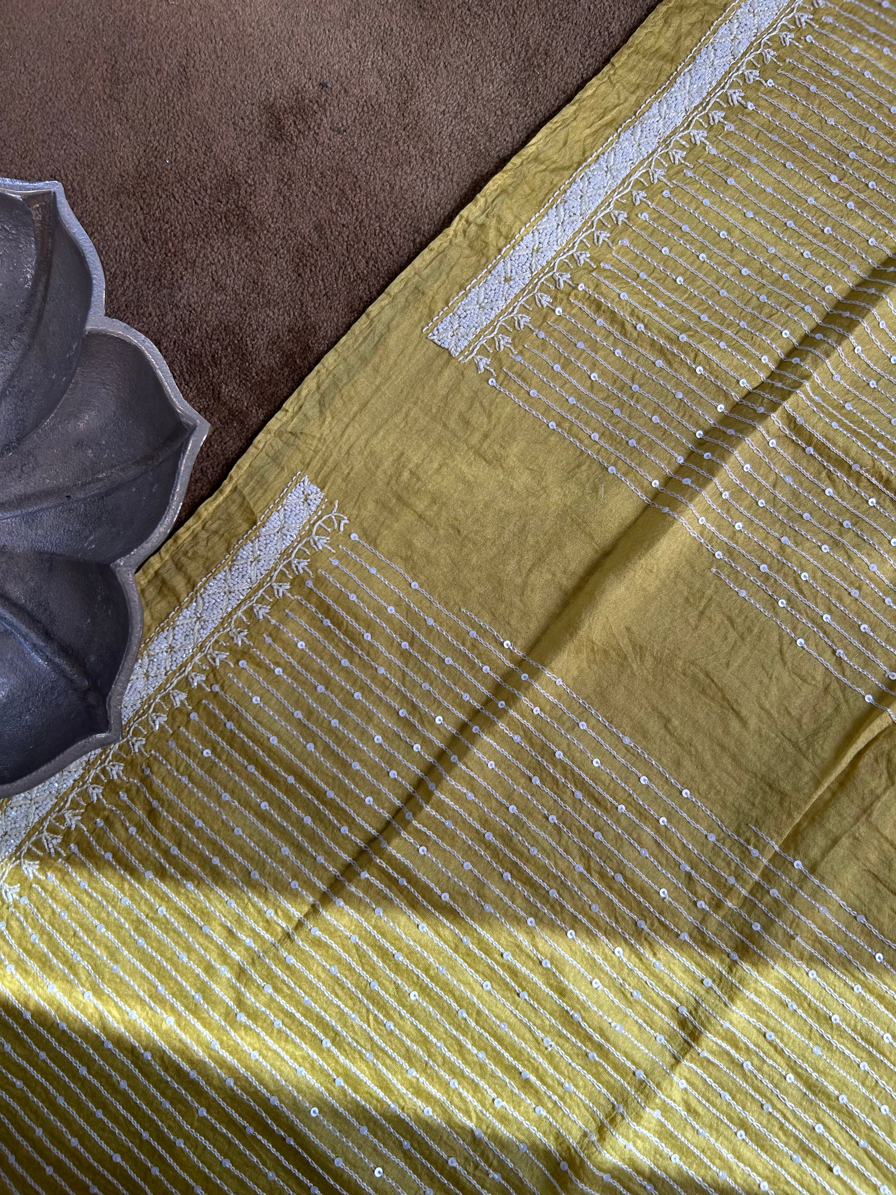Green Chanderi Chikankari Mens Kurta
