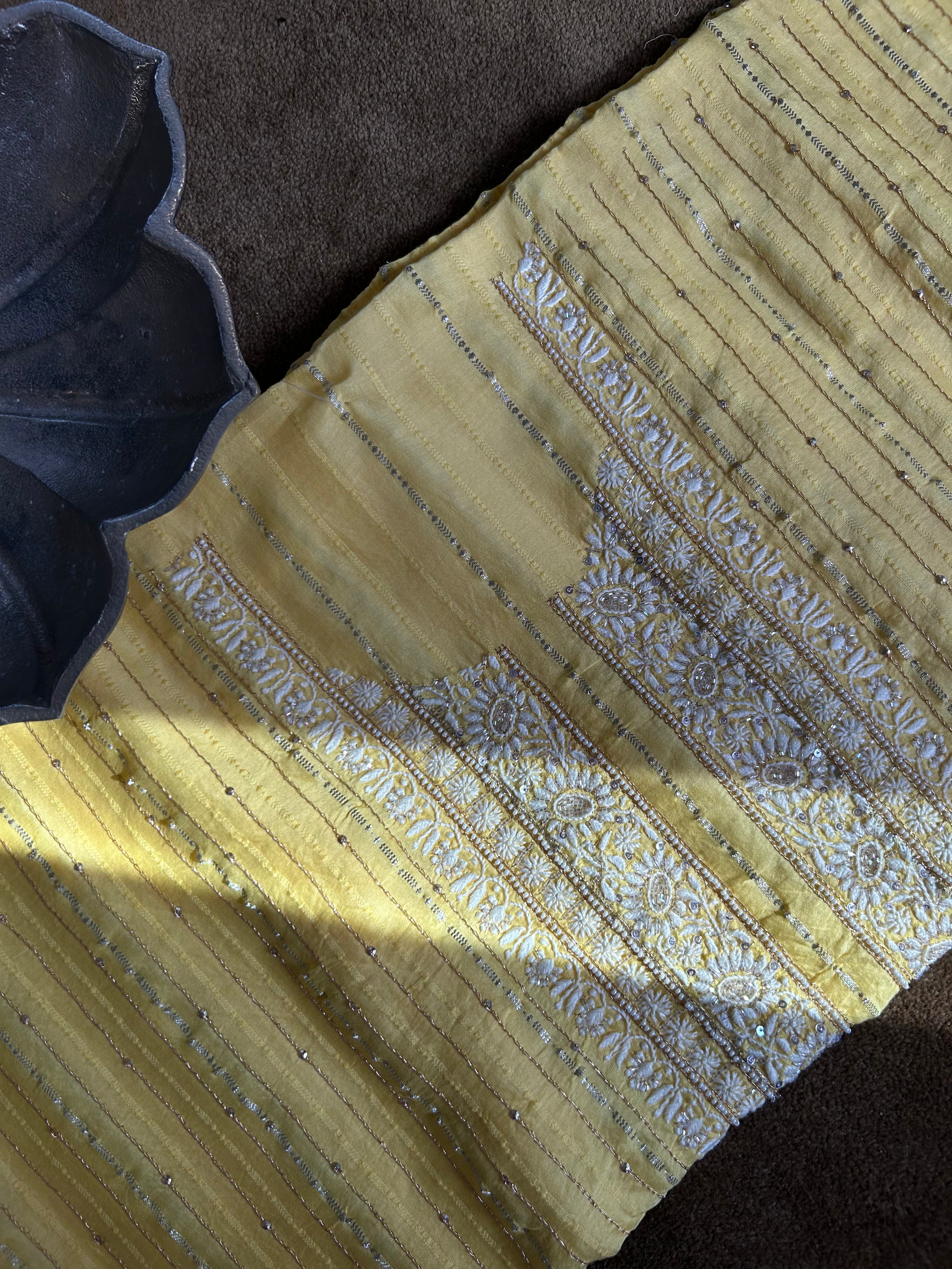 yellow Chanderi Striped Mens kurta