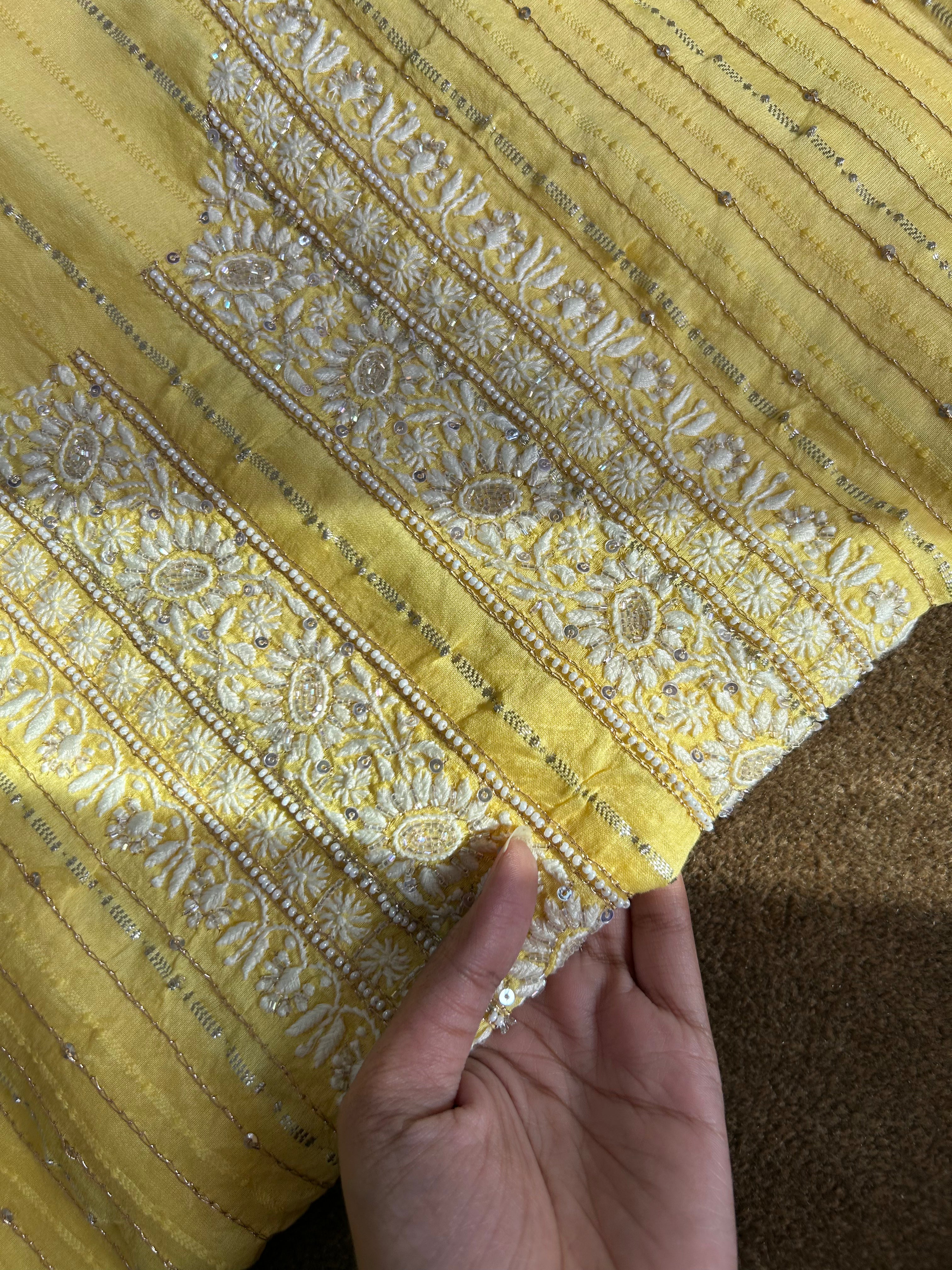 yellow Chanderi Striped Mens kurta