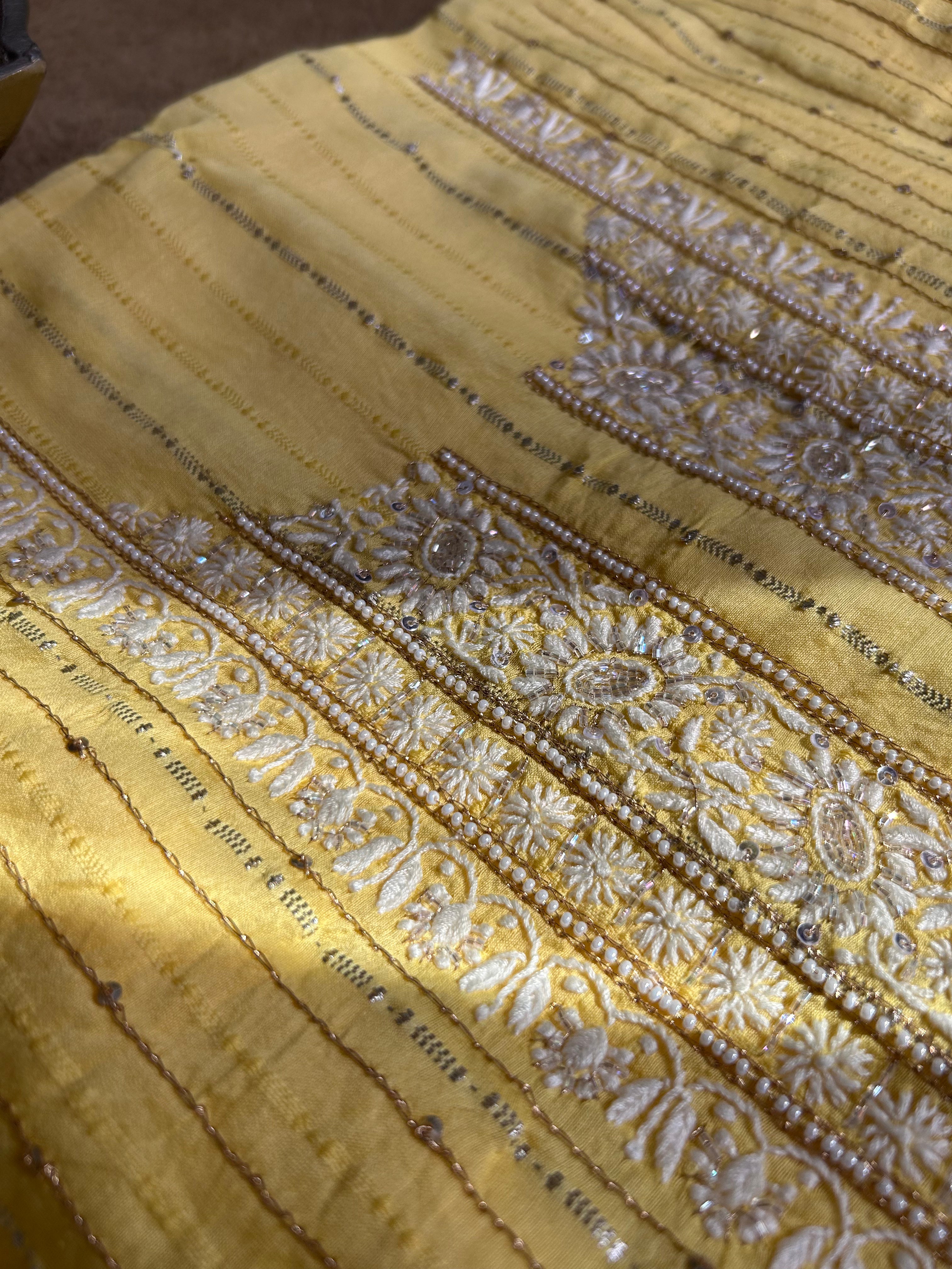 yellow Chanderi Striped Mens kurta