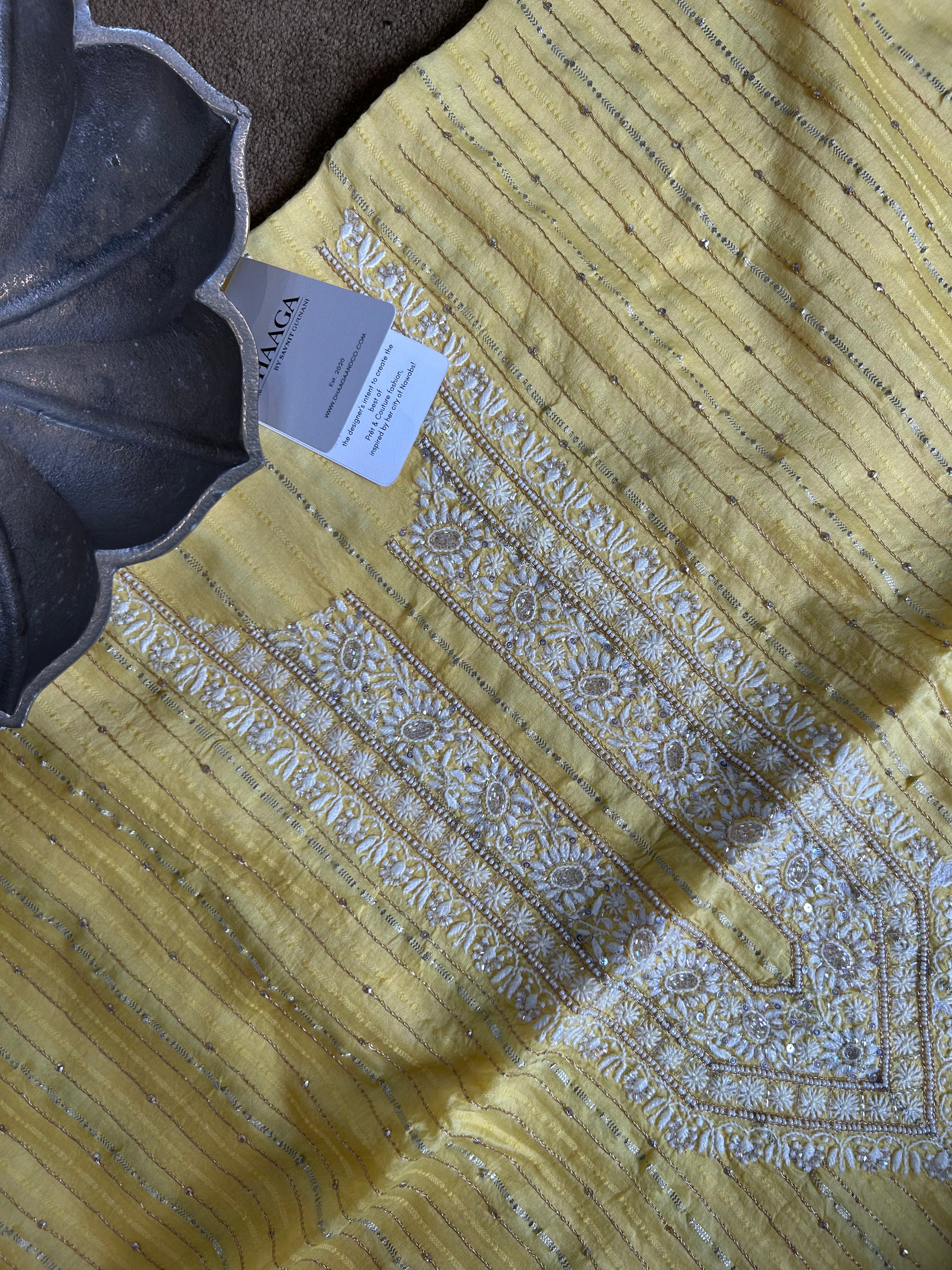 yellow Chanderi Striped Mens kurta