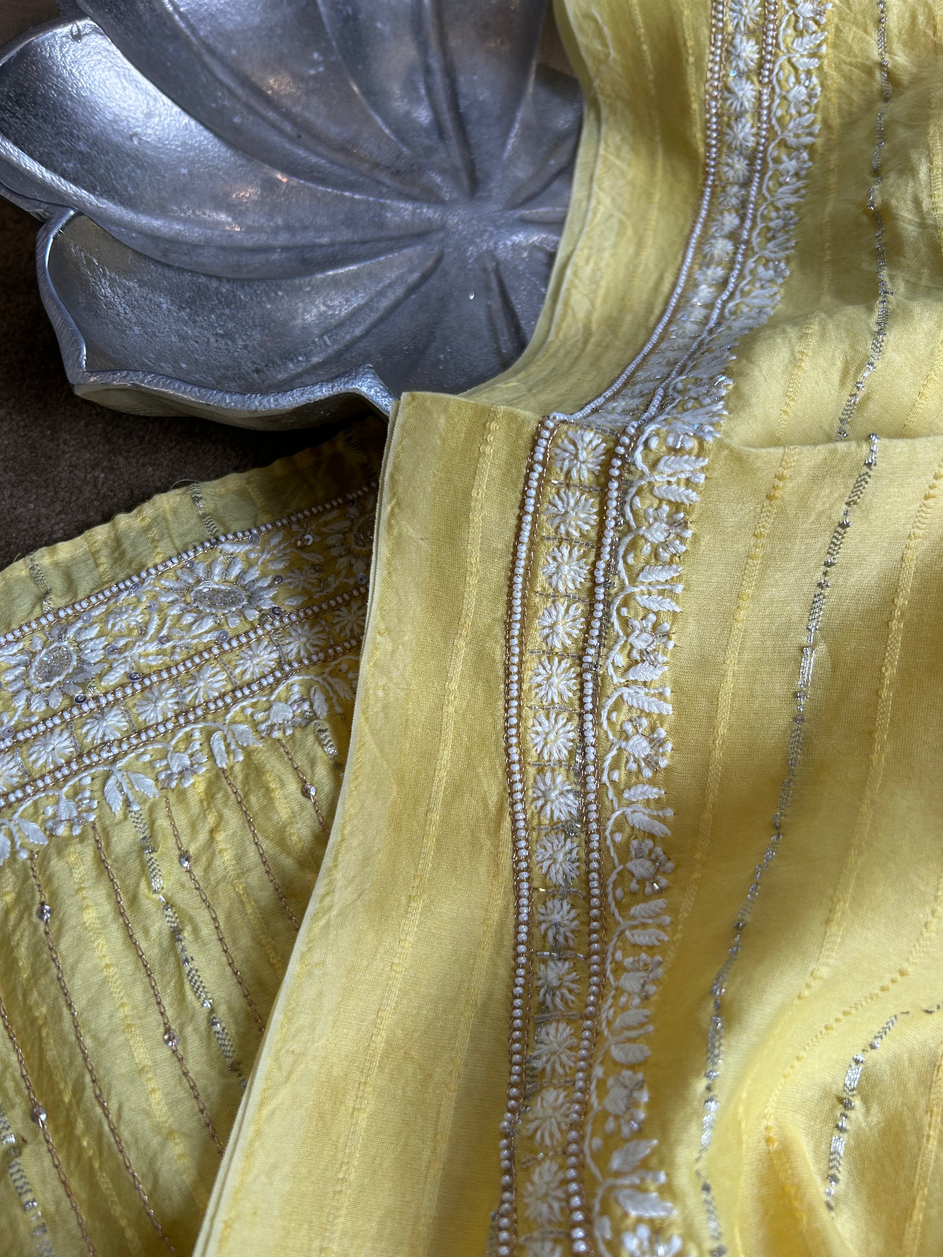 yellow Chanderi Striped Mens kurta