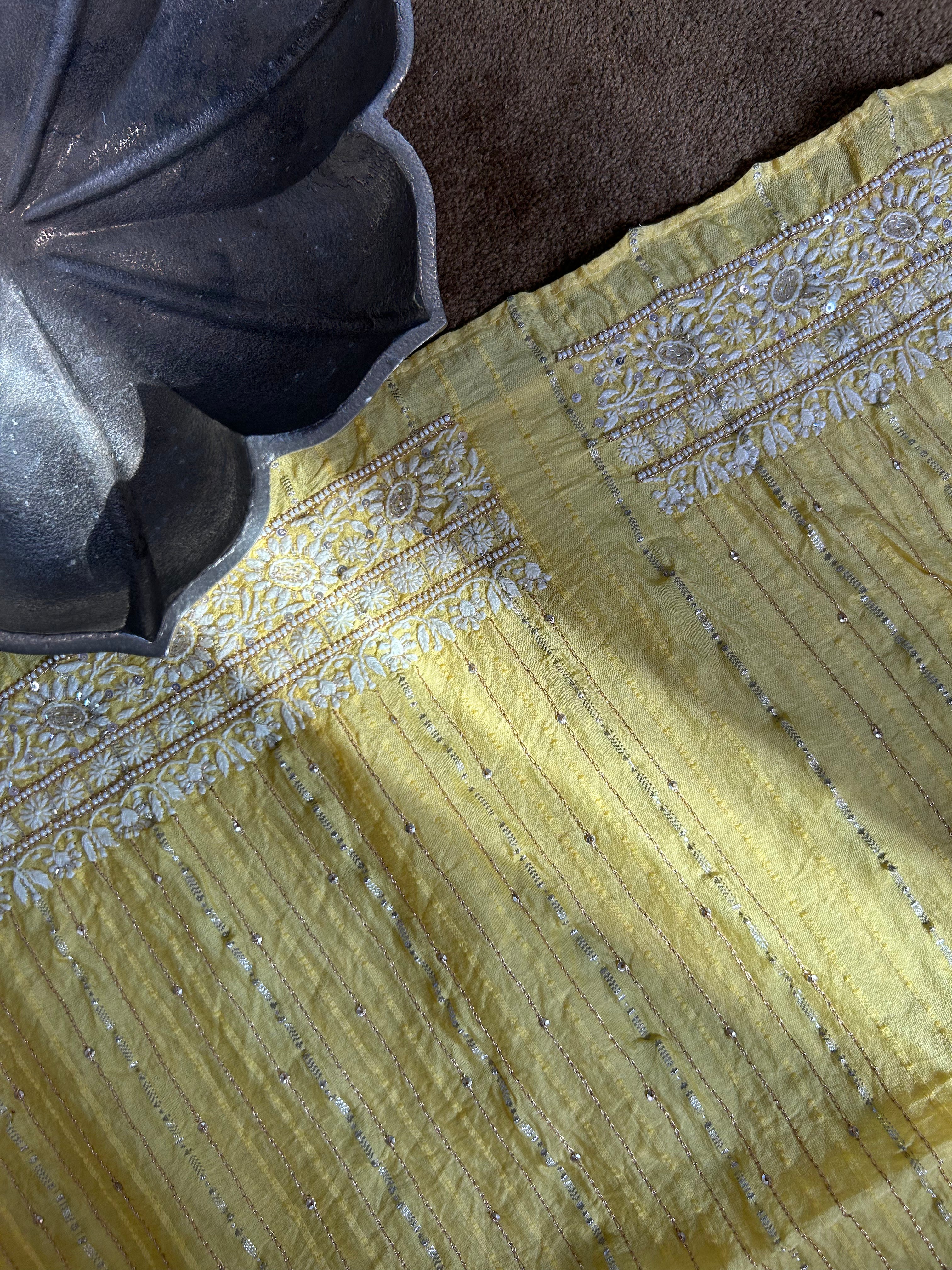 yellow Chanderi Striped Mens kurta