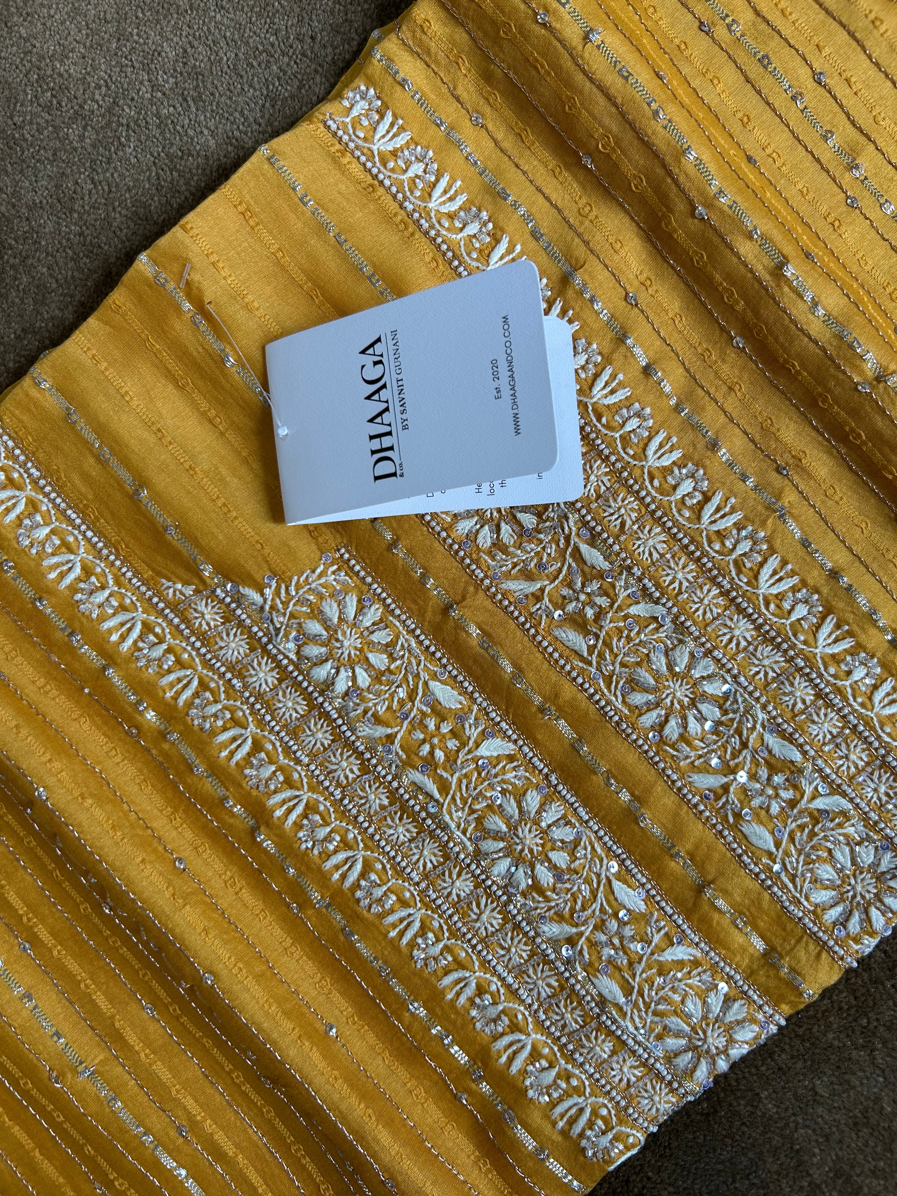 Mustard Chanderi Chikankari Striped Mens Kurta