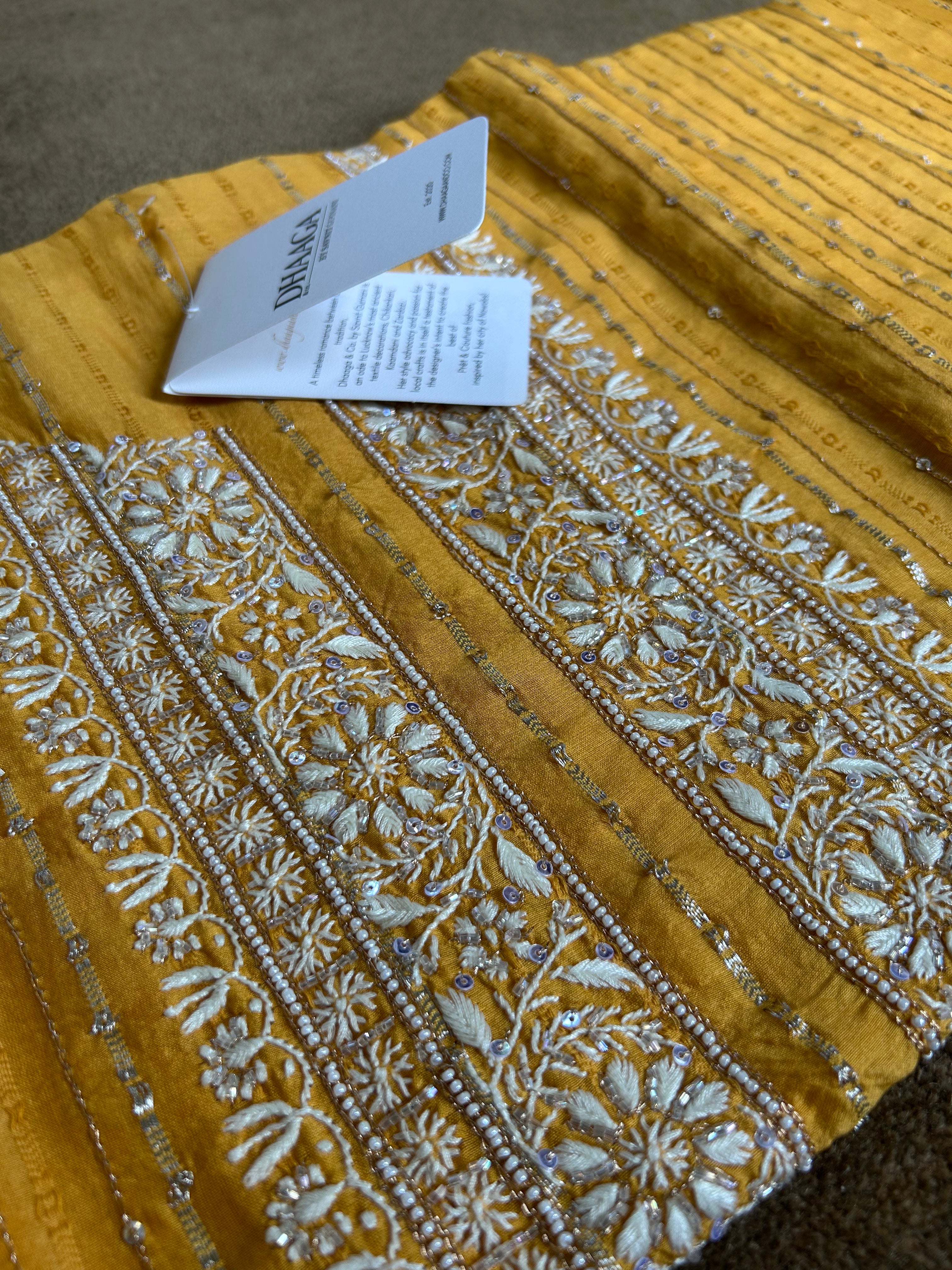 Mustard Chanderi Chikankari Striped Mens Kurta