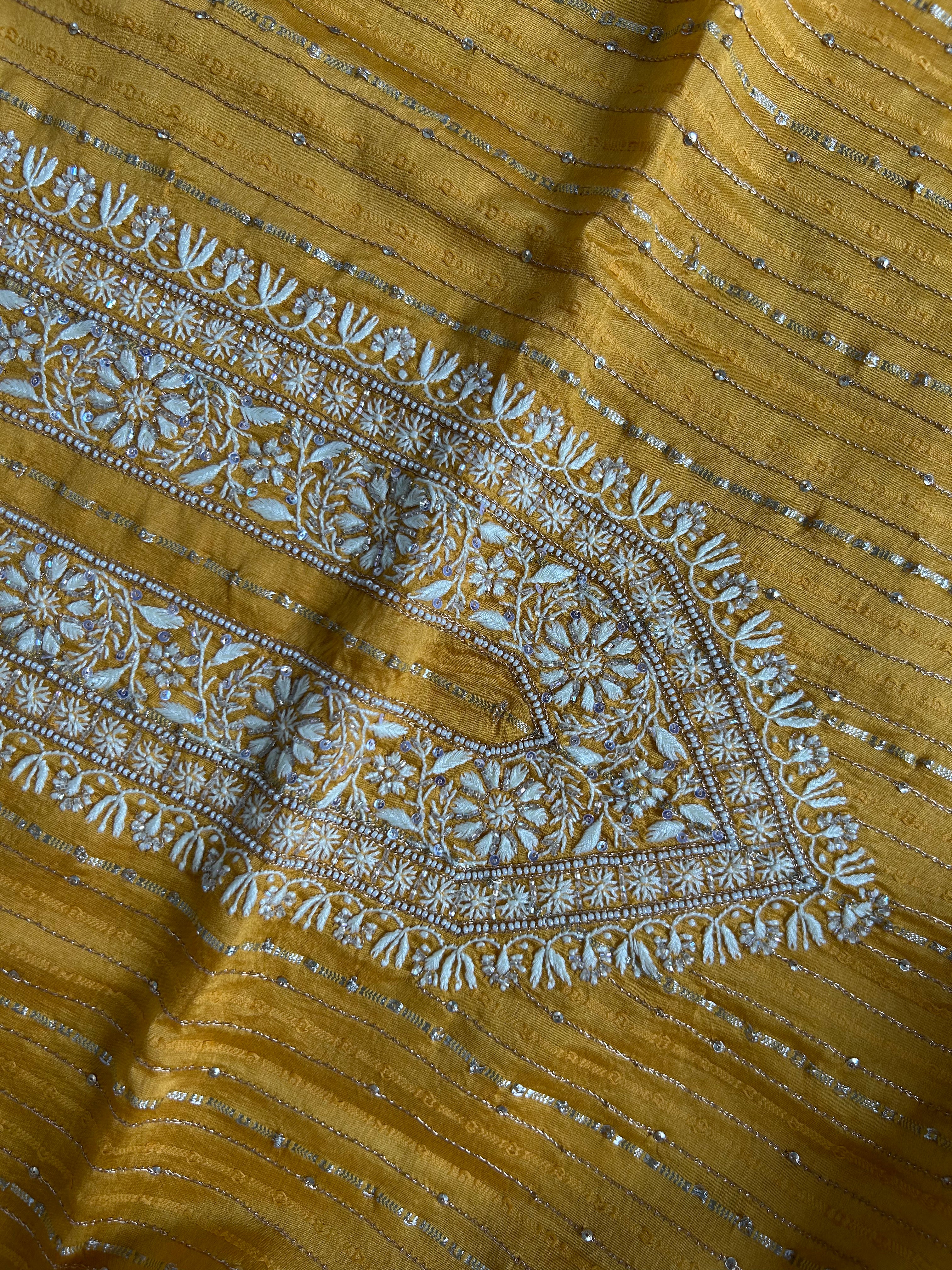 Mustard Chanderi Chikankari Striped Mens Kurta