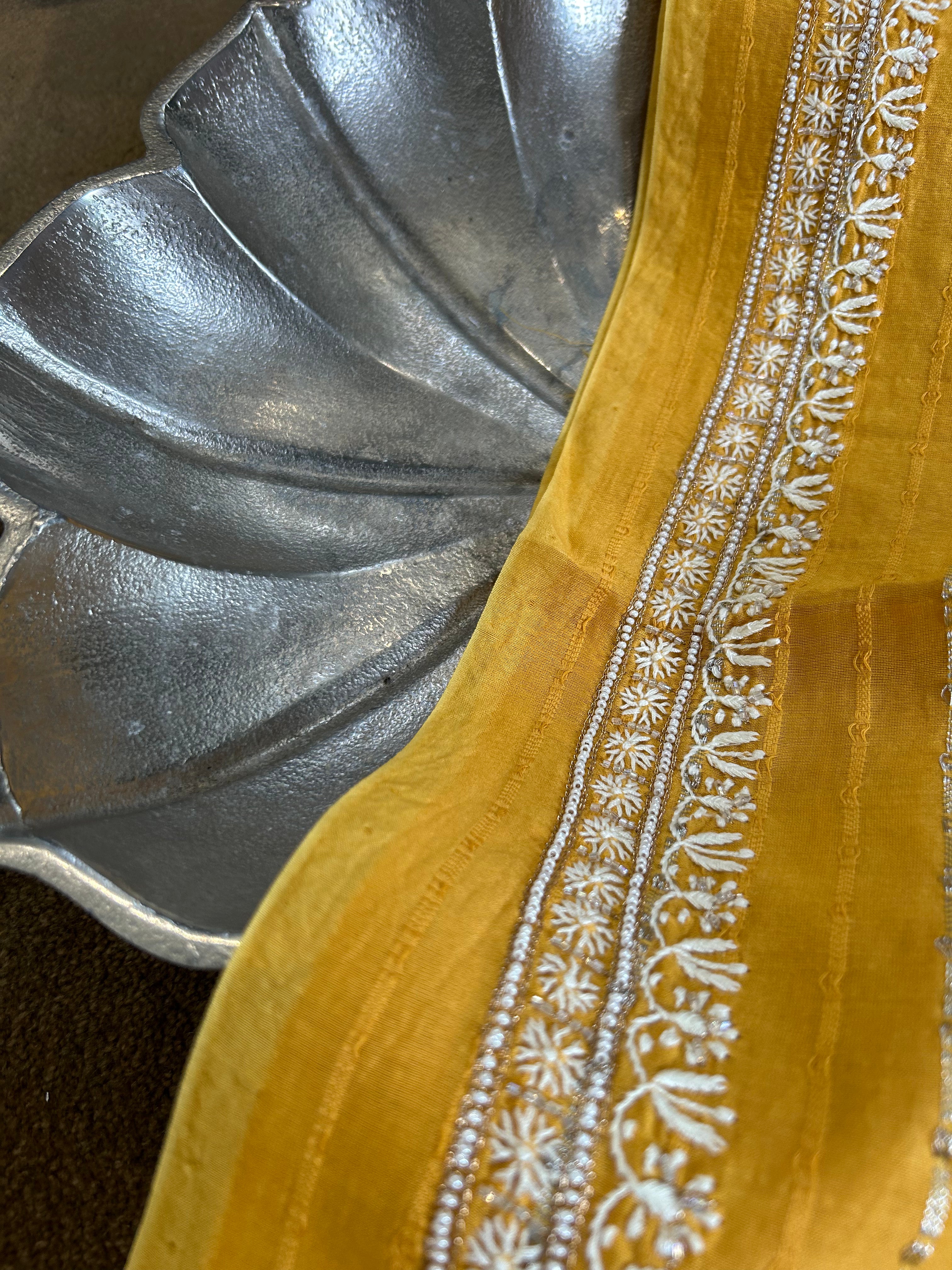 Mustard Chanderi Chikankari Striped Mens Kurta