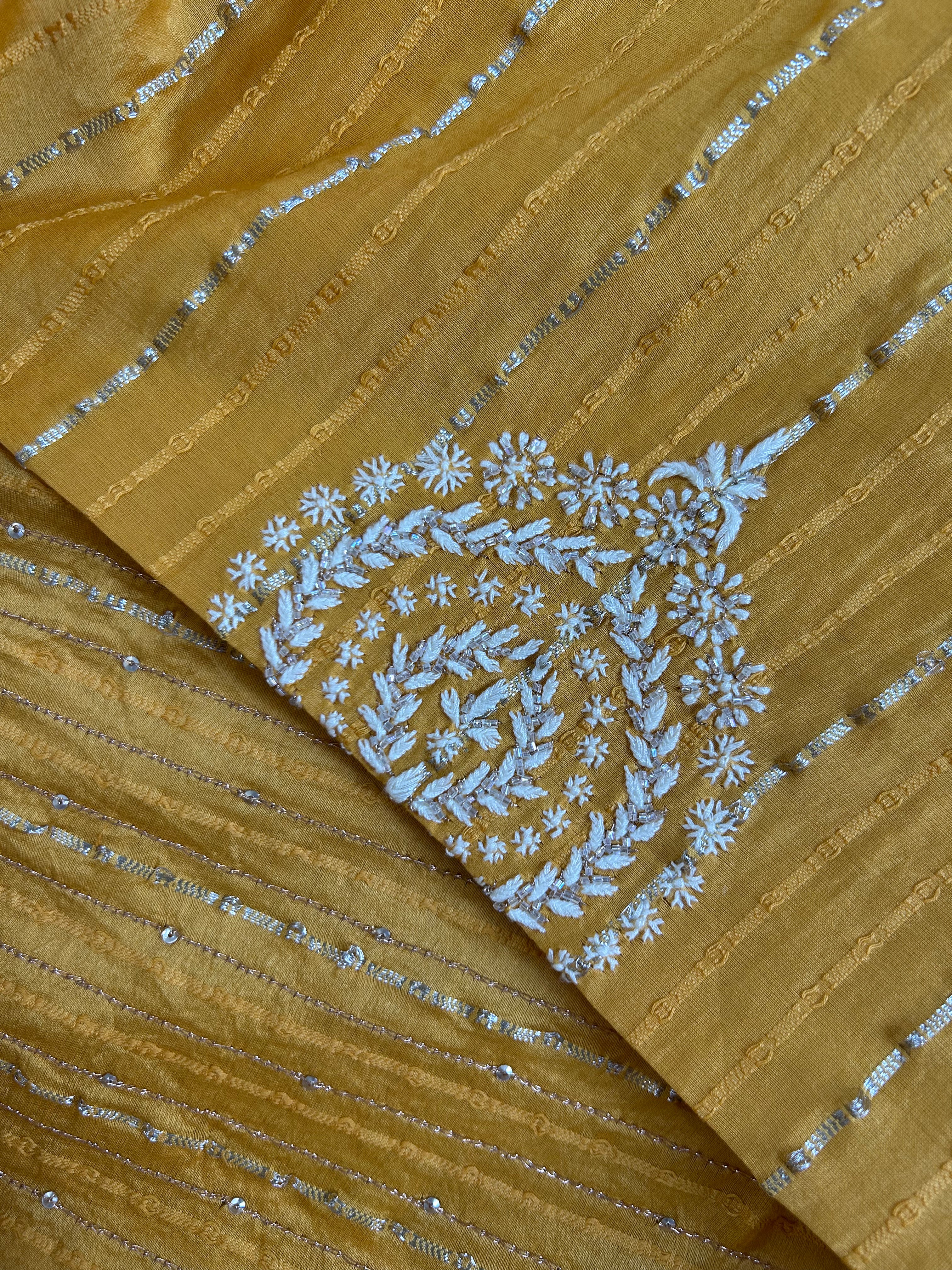 Mustard Chanderi Chikankari Striped Mens Kurta