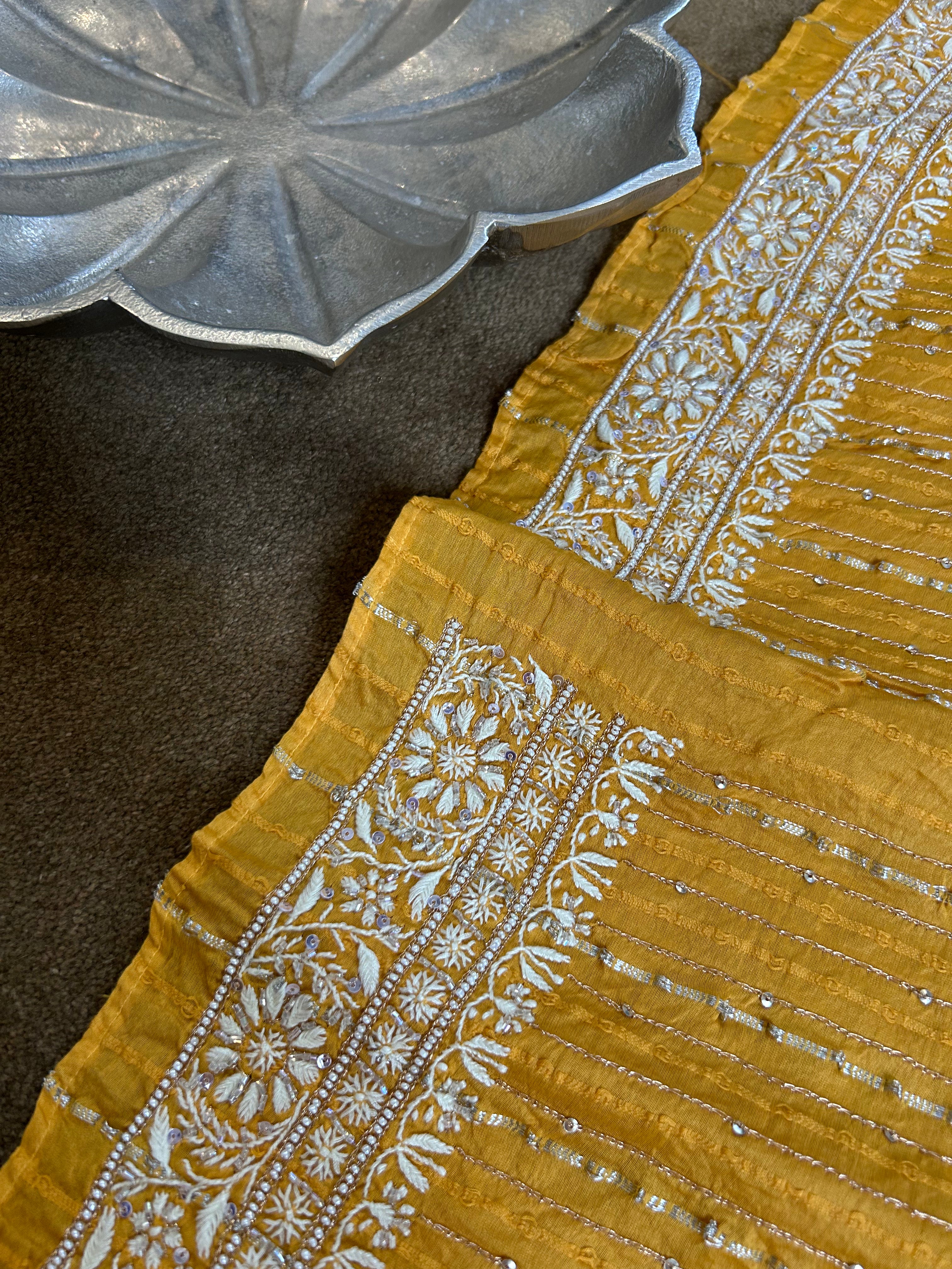 Mustard Chanderi Chikankari Striped Mens Kurta