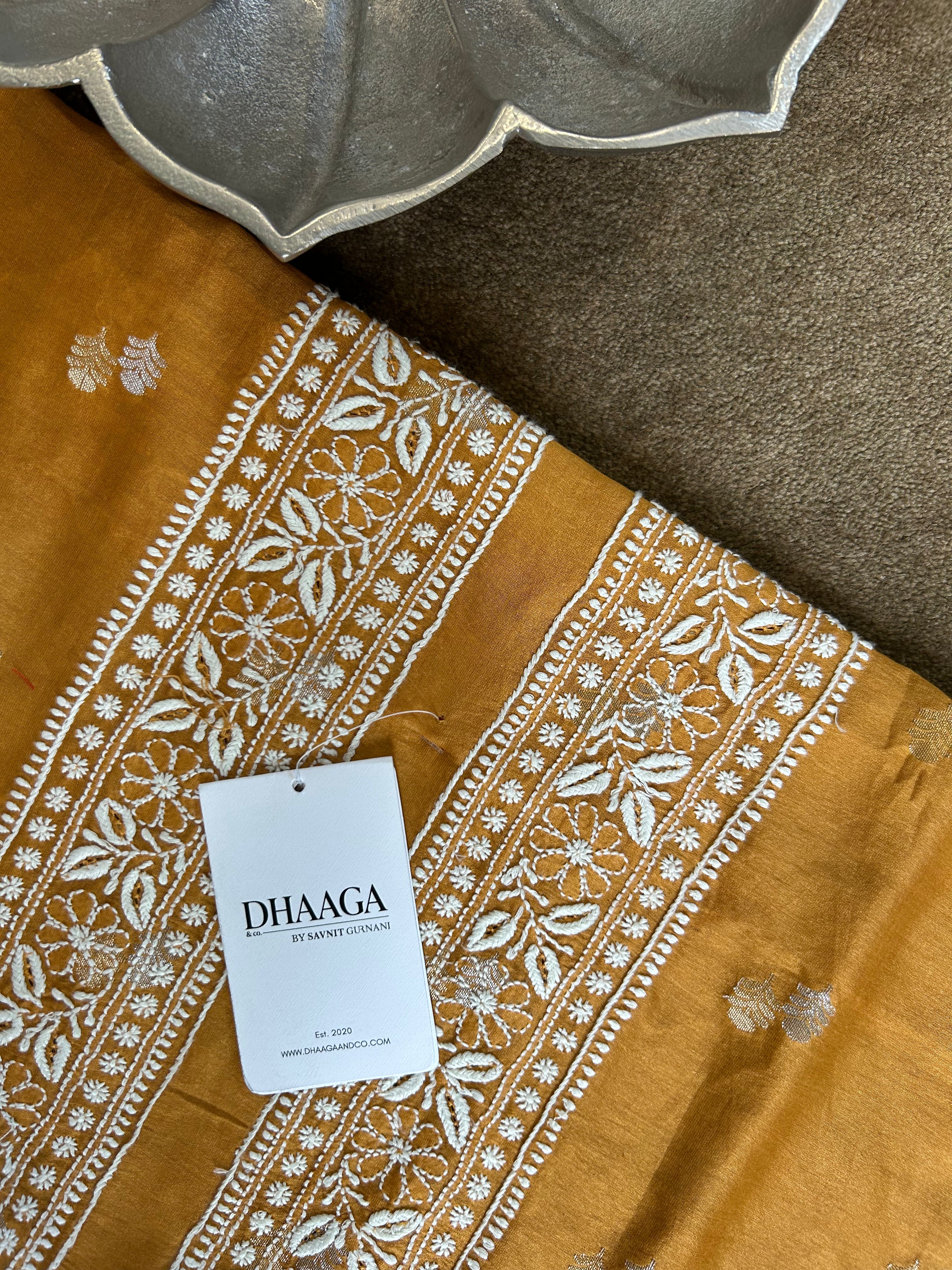 Mustard Chanderi Chikankari Mens kurta