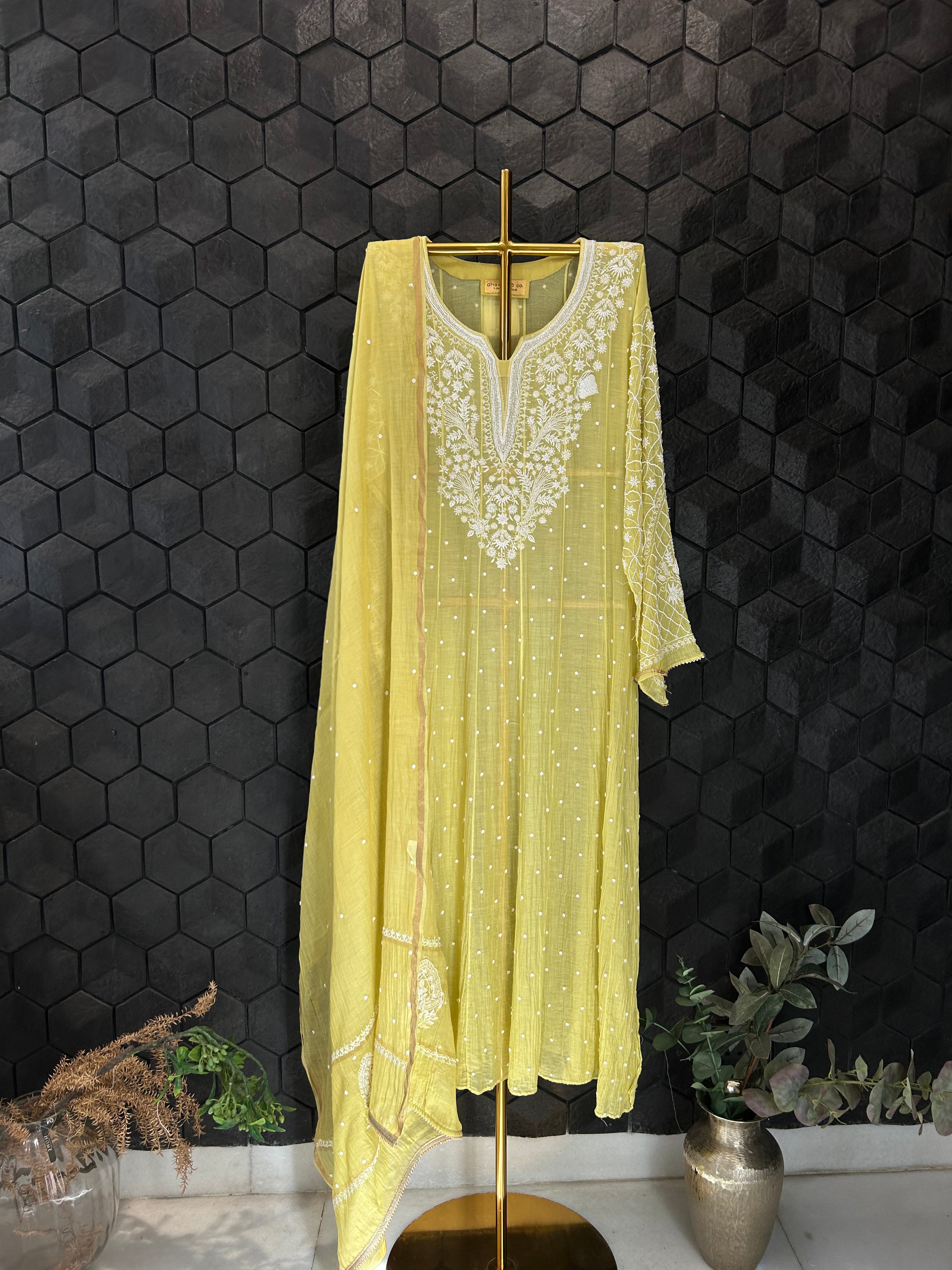 Lime Green Mul Chanderi Chikankari Anarkali set