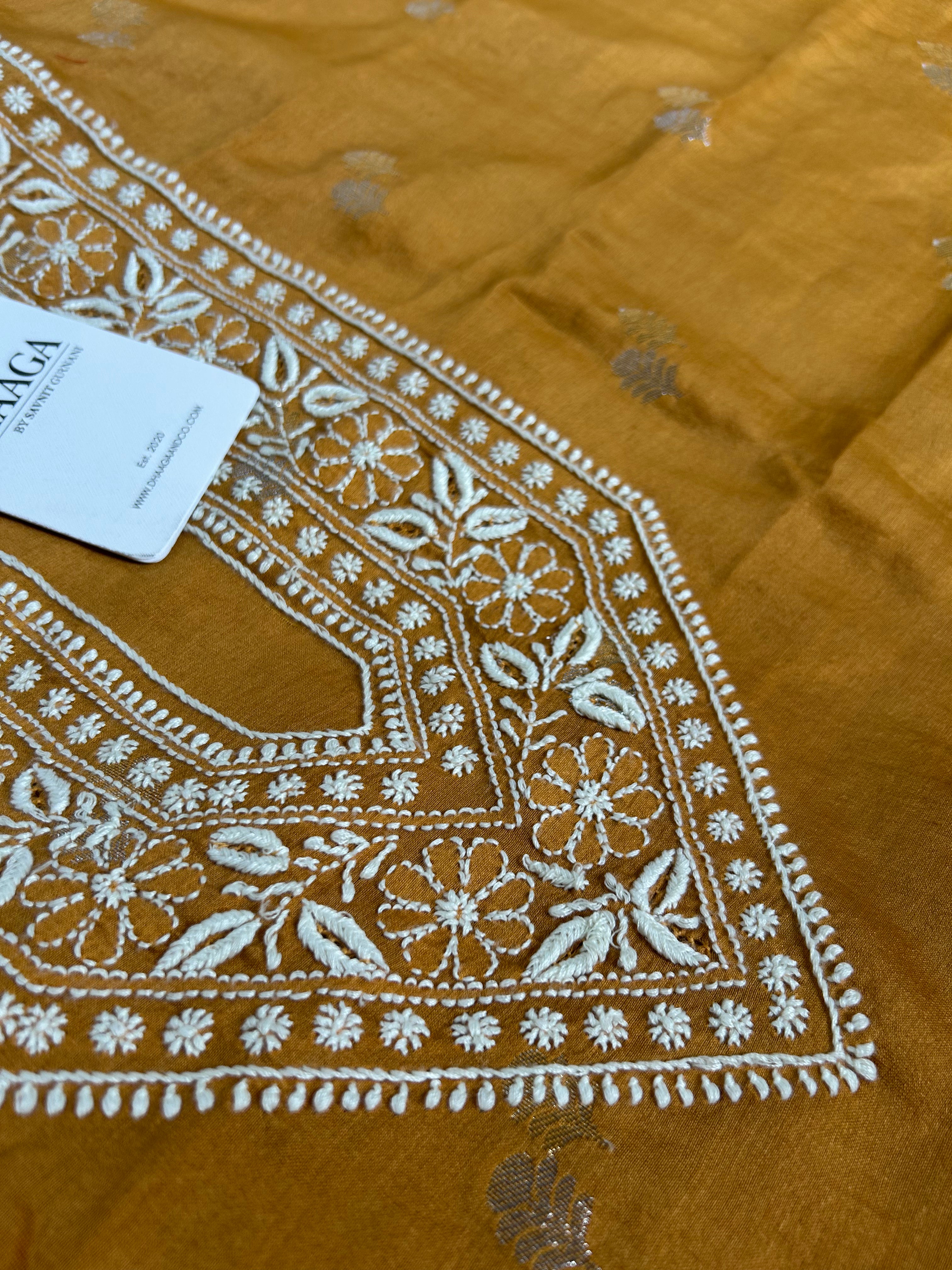 Mustard Chanderi Chikankari Mens kurta