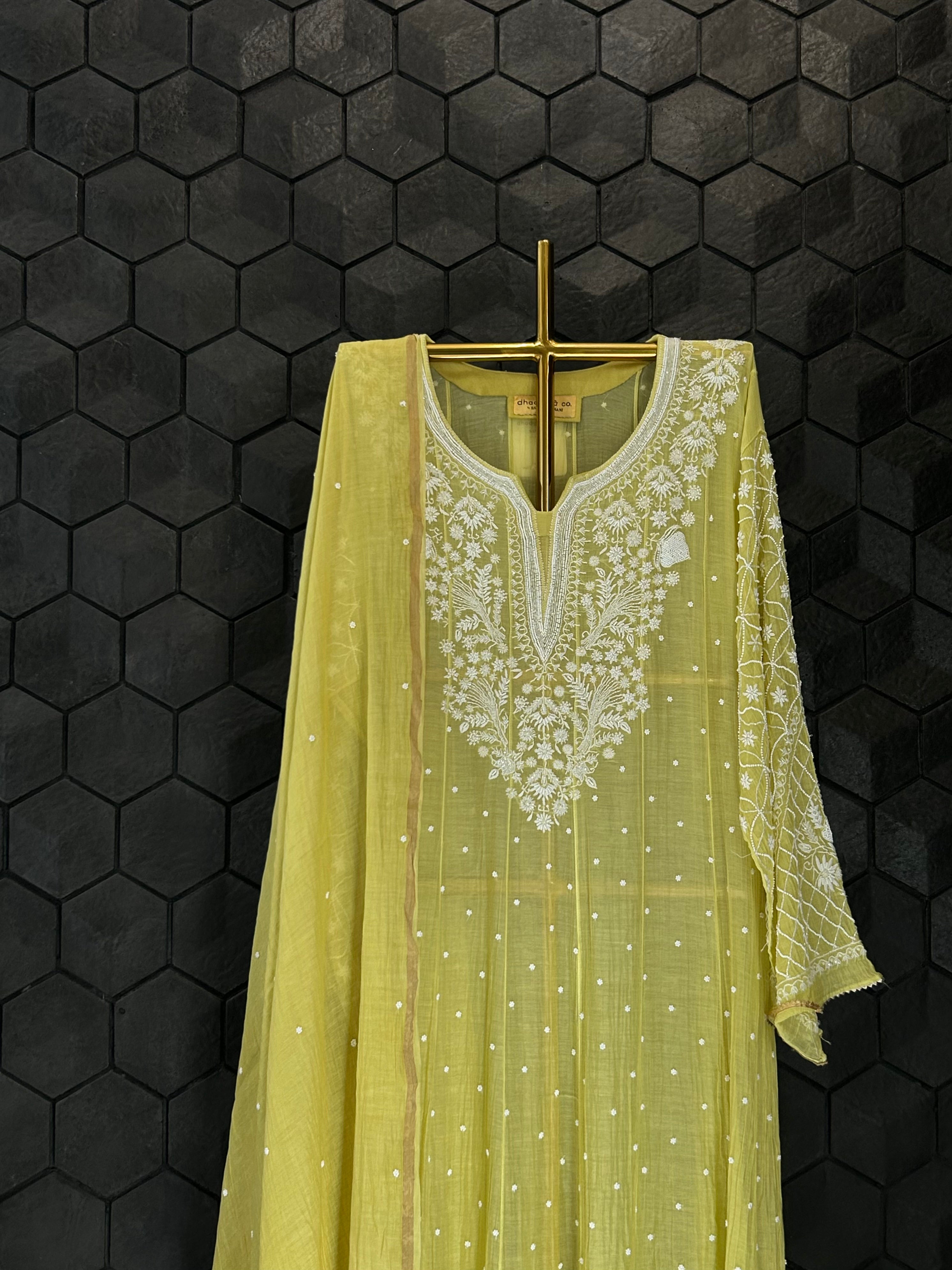 Lime Green Mul Chanderi Chikankari Anarkali set