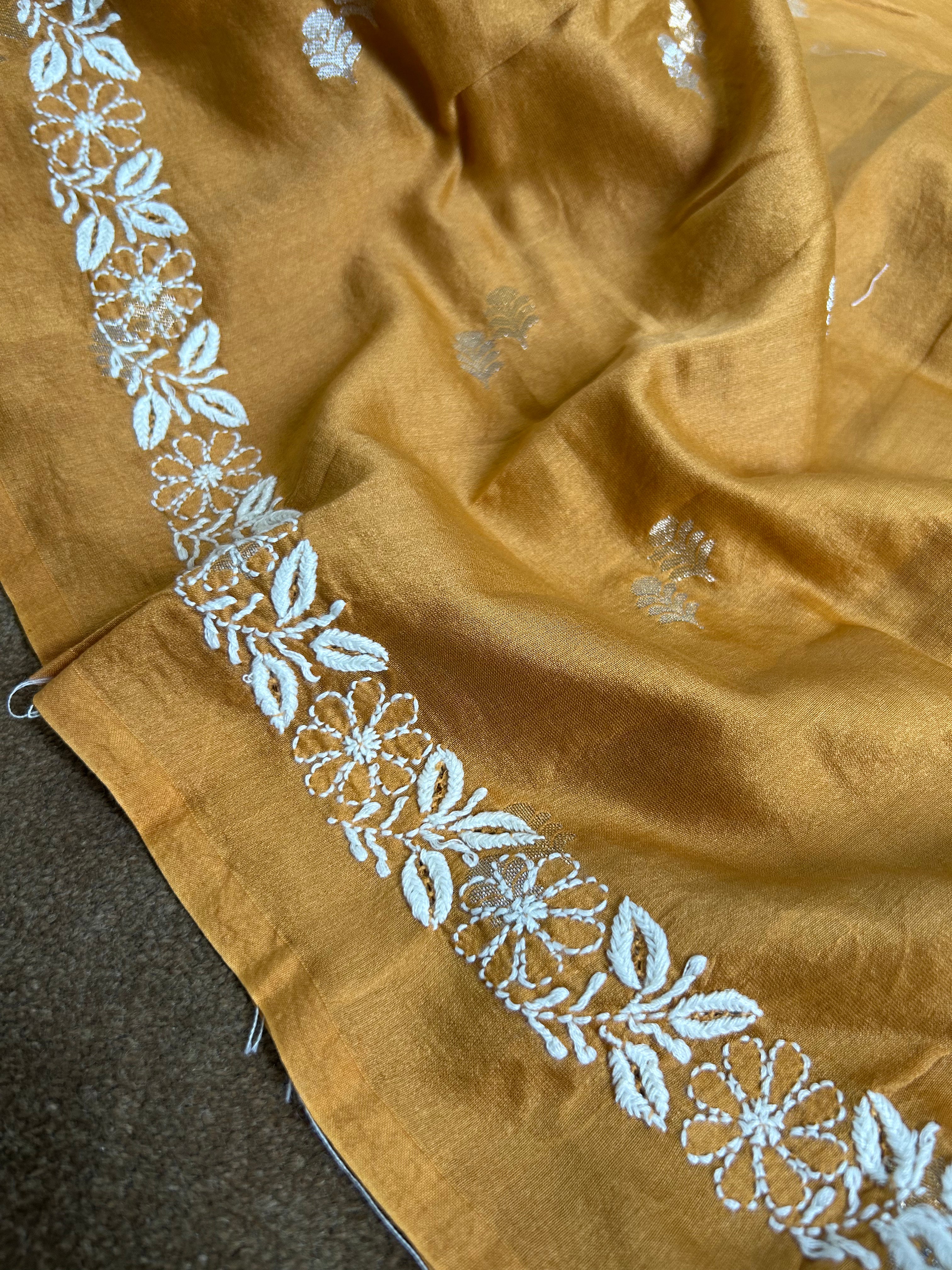 Mustard Chanderi Chikankari Mens kurta