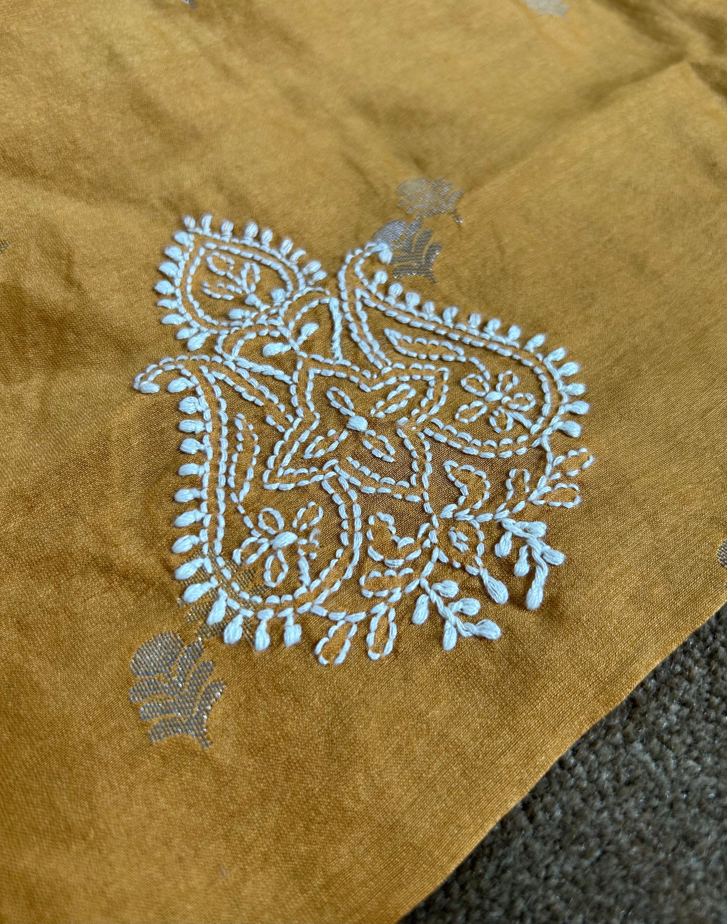 Mustard Chanderi Chikankari Mens kurta