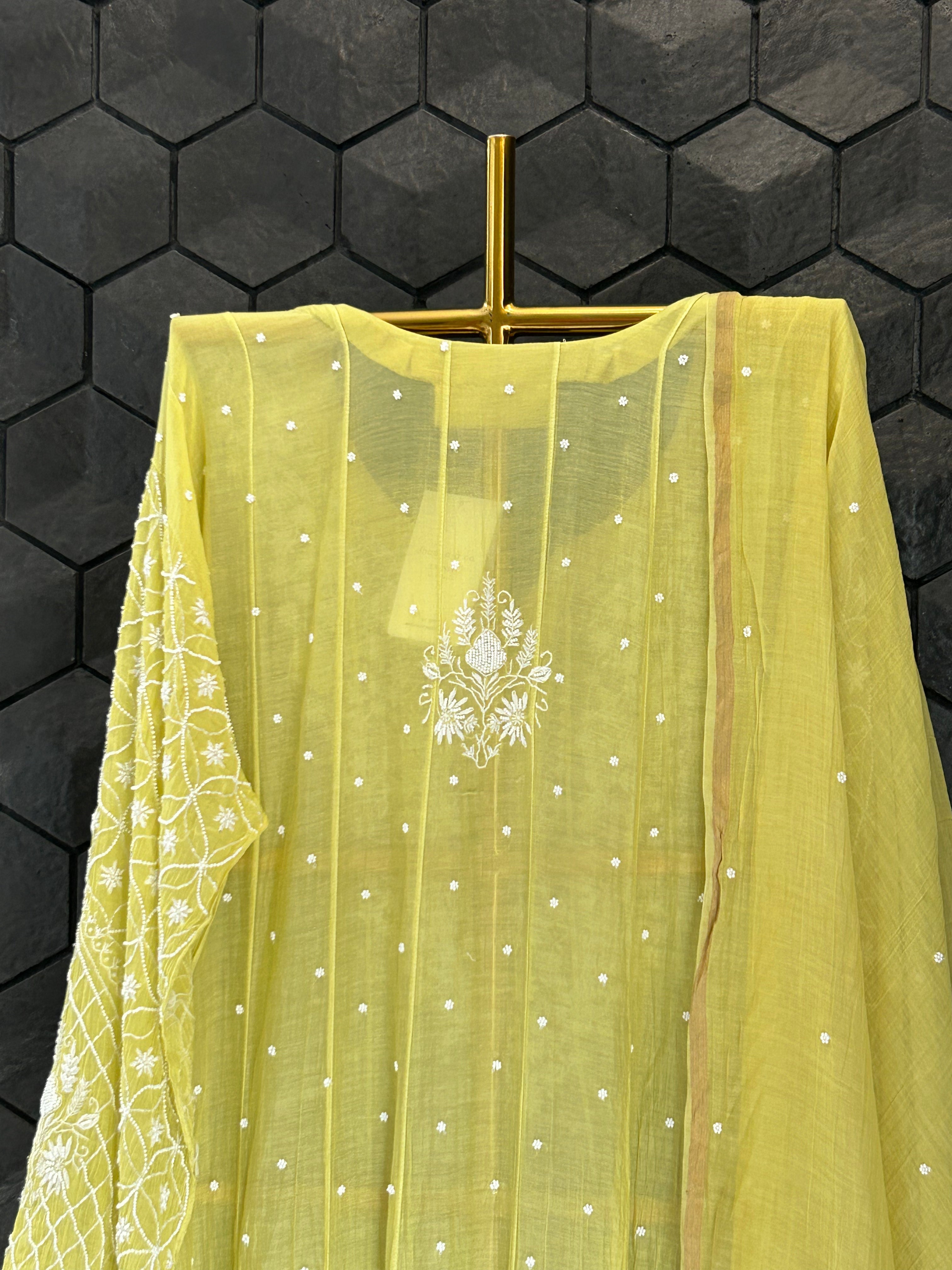 Lime Green Mul Chanderi Chikankari Anarkali set