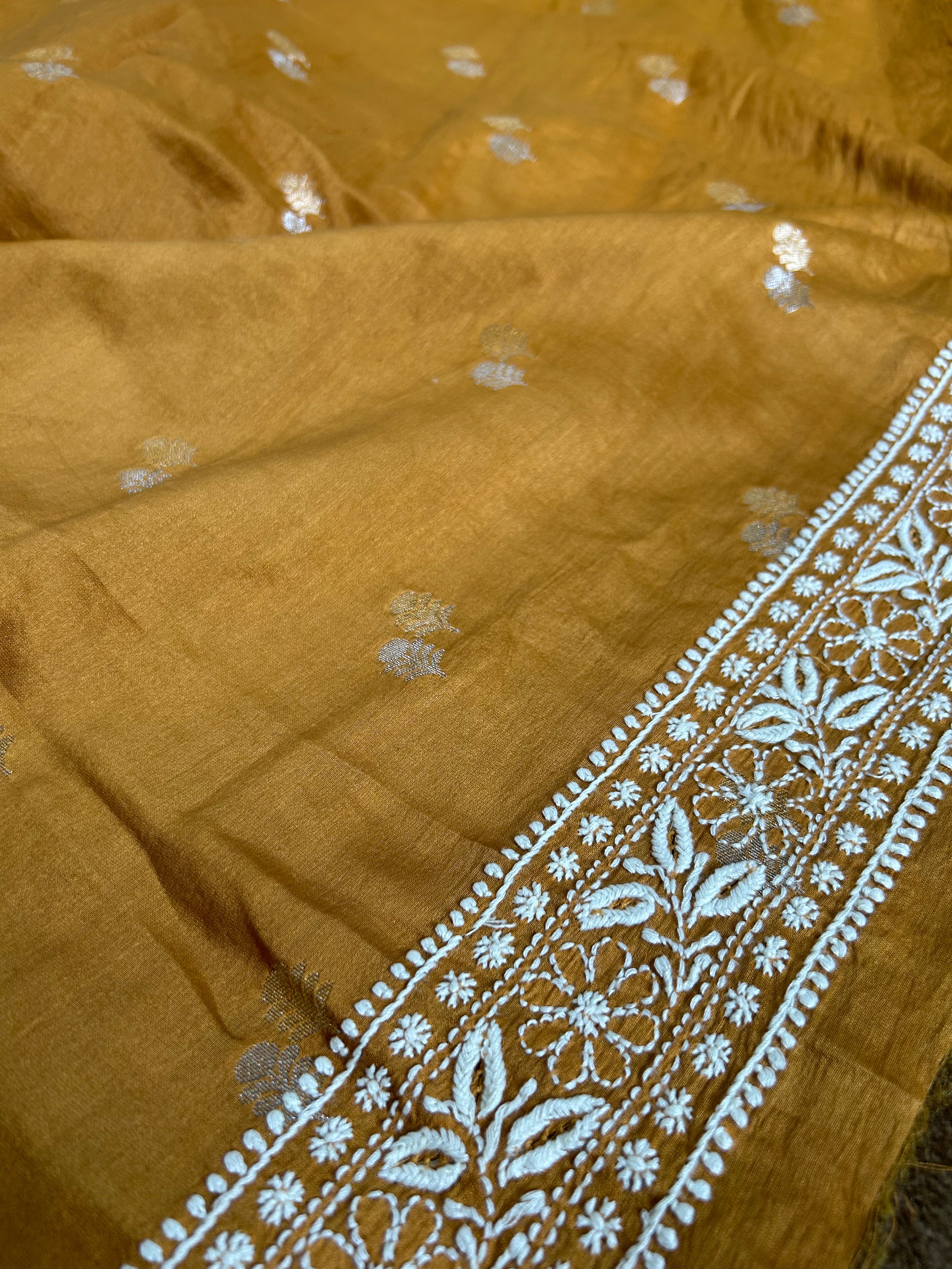 Mustard Chanderi Chikankari Mens kurta
