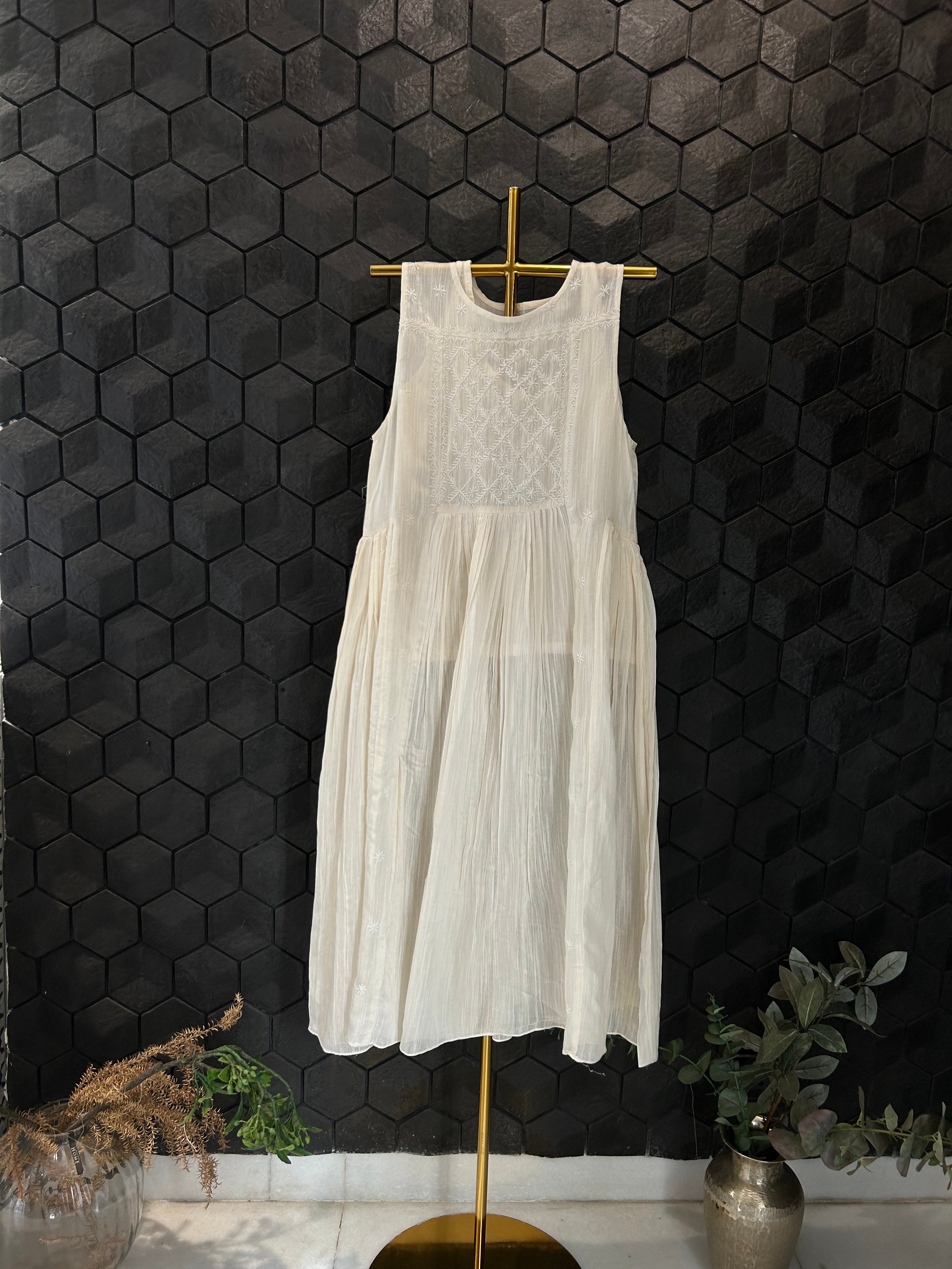 White Chanderi Chikankari Dress