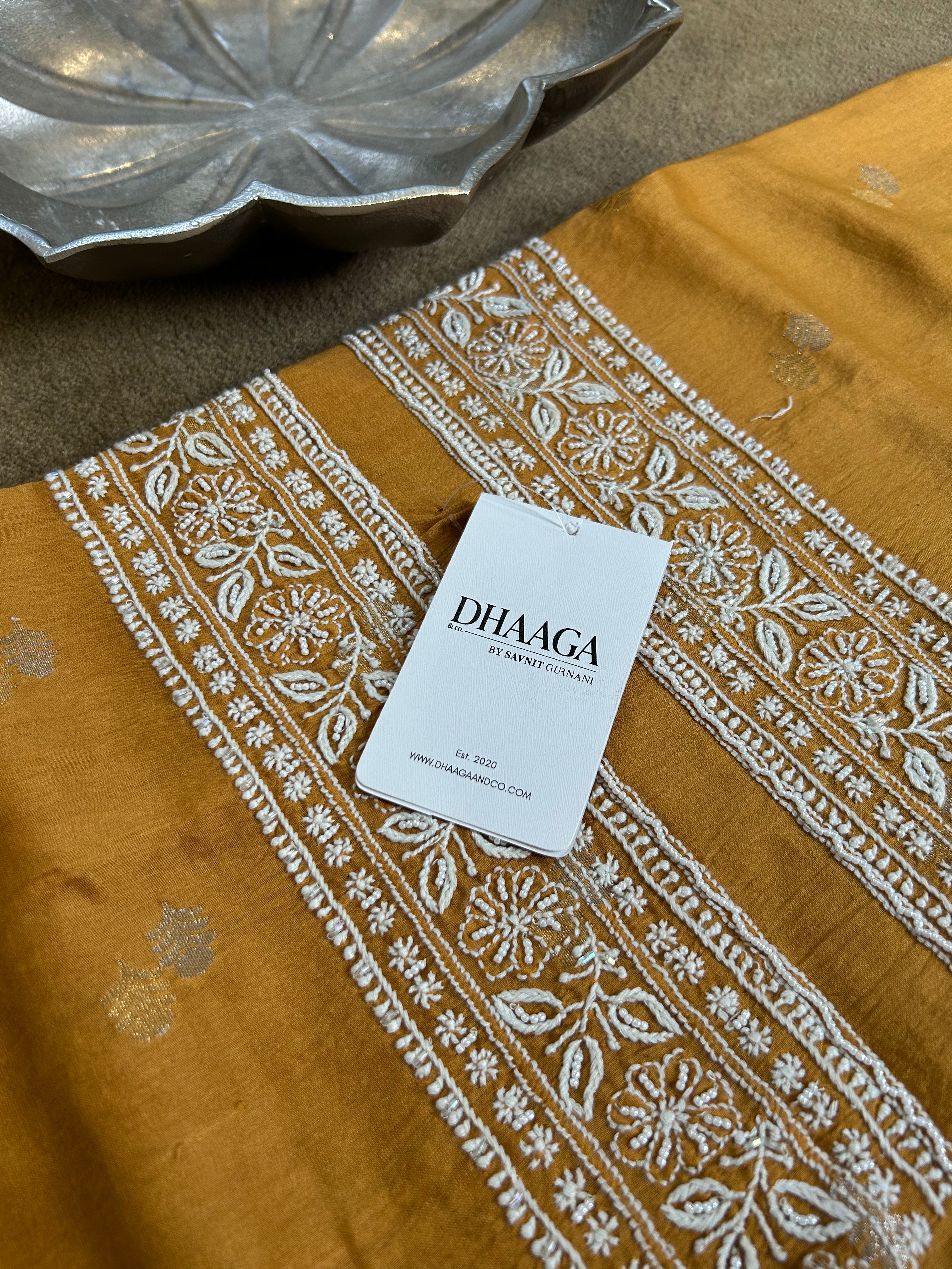 Mustard Chanderi Chikankari Mens kurta
