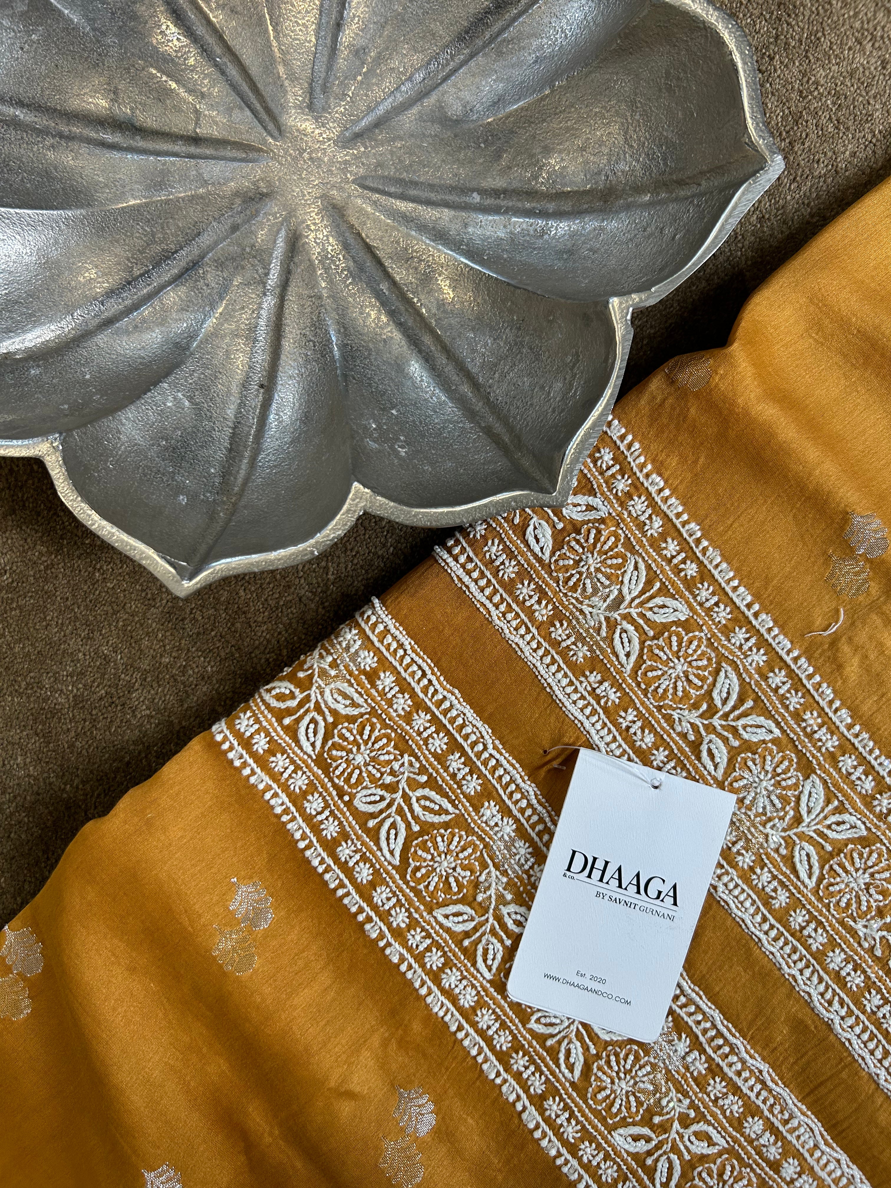 Mustard Chanderi Chikankari Mens kurta