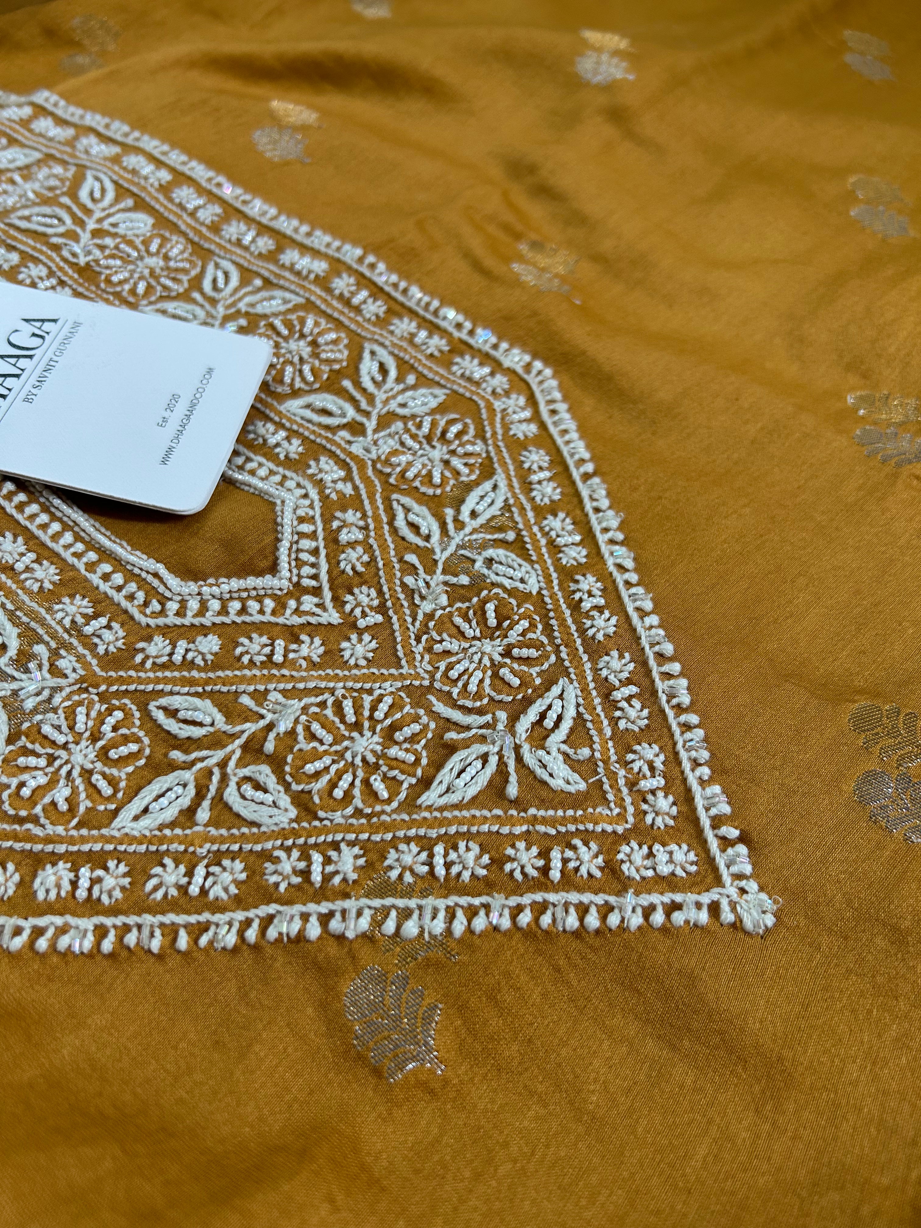 Mustard Chanderi Chikankari Mens kurta