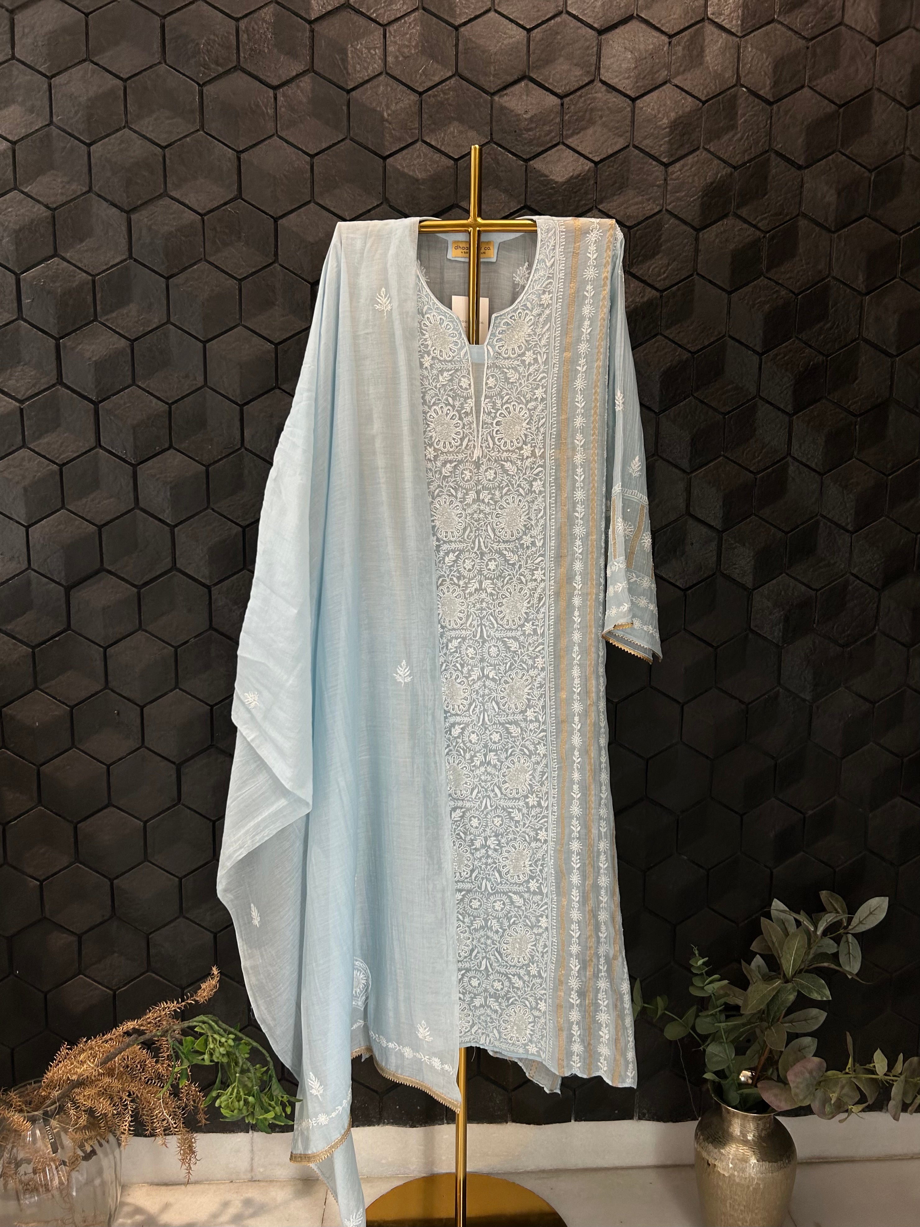 Sky Blue Mul Chanderi Chikankari Kurta Set