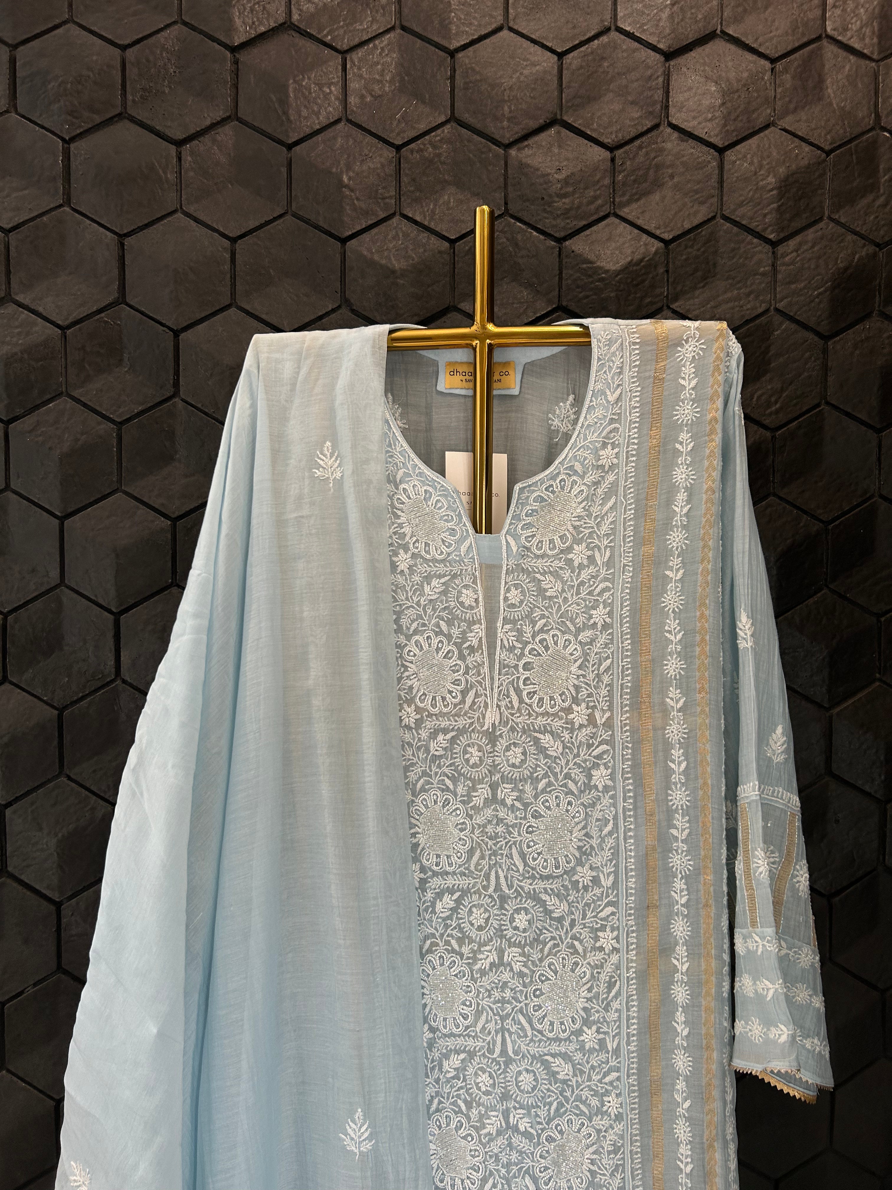 Sky Blue Mul Chanderi Chikankari Kurta Set