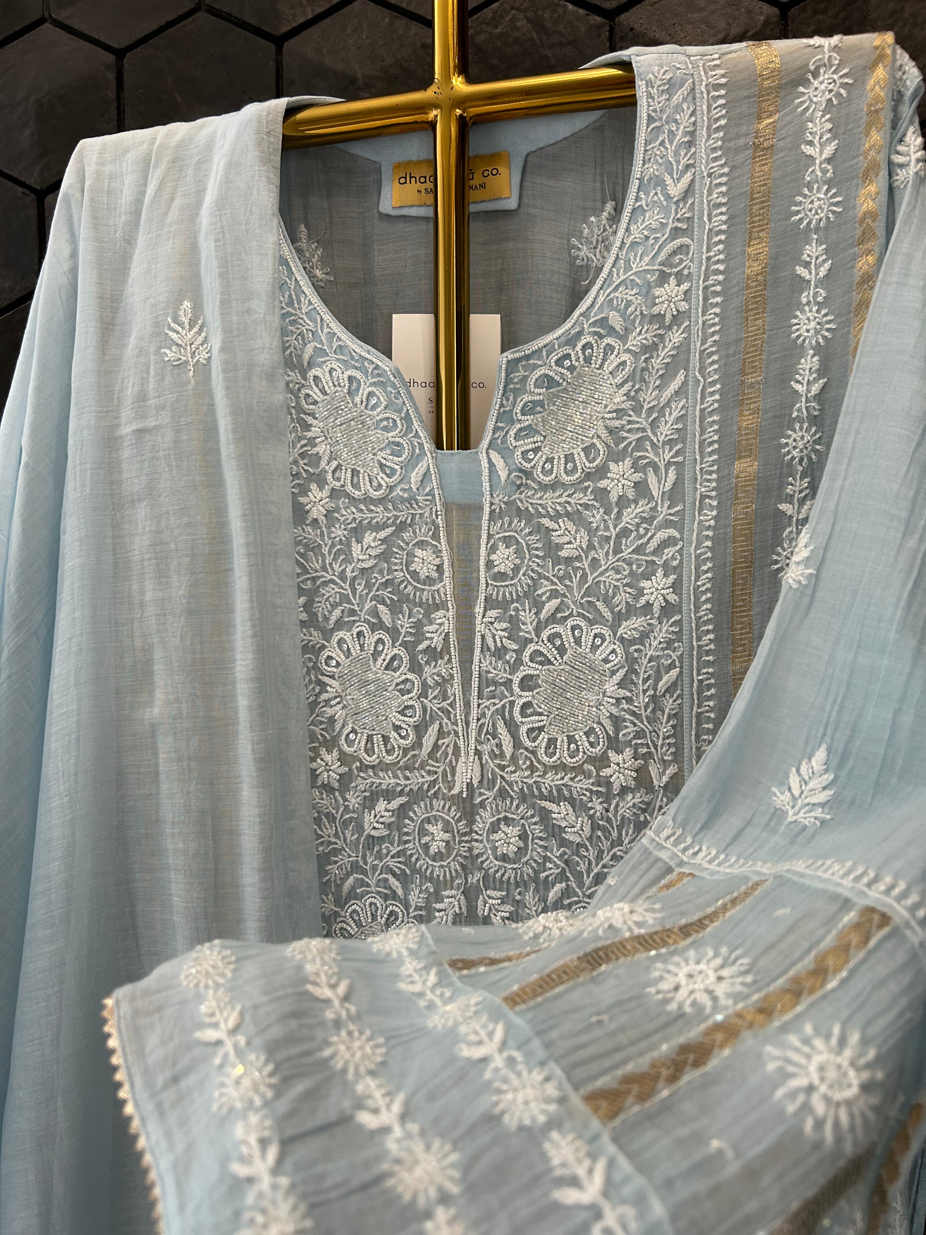 Sky Blue Mul Chanderi Chikankari Kurta Set