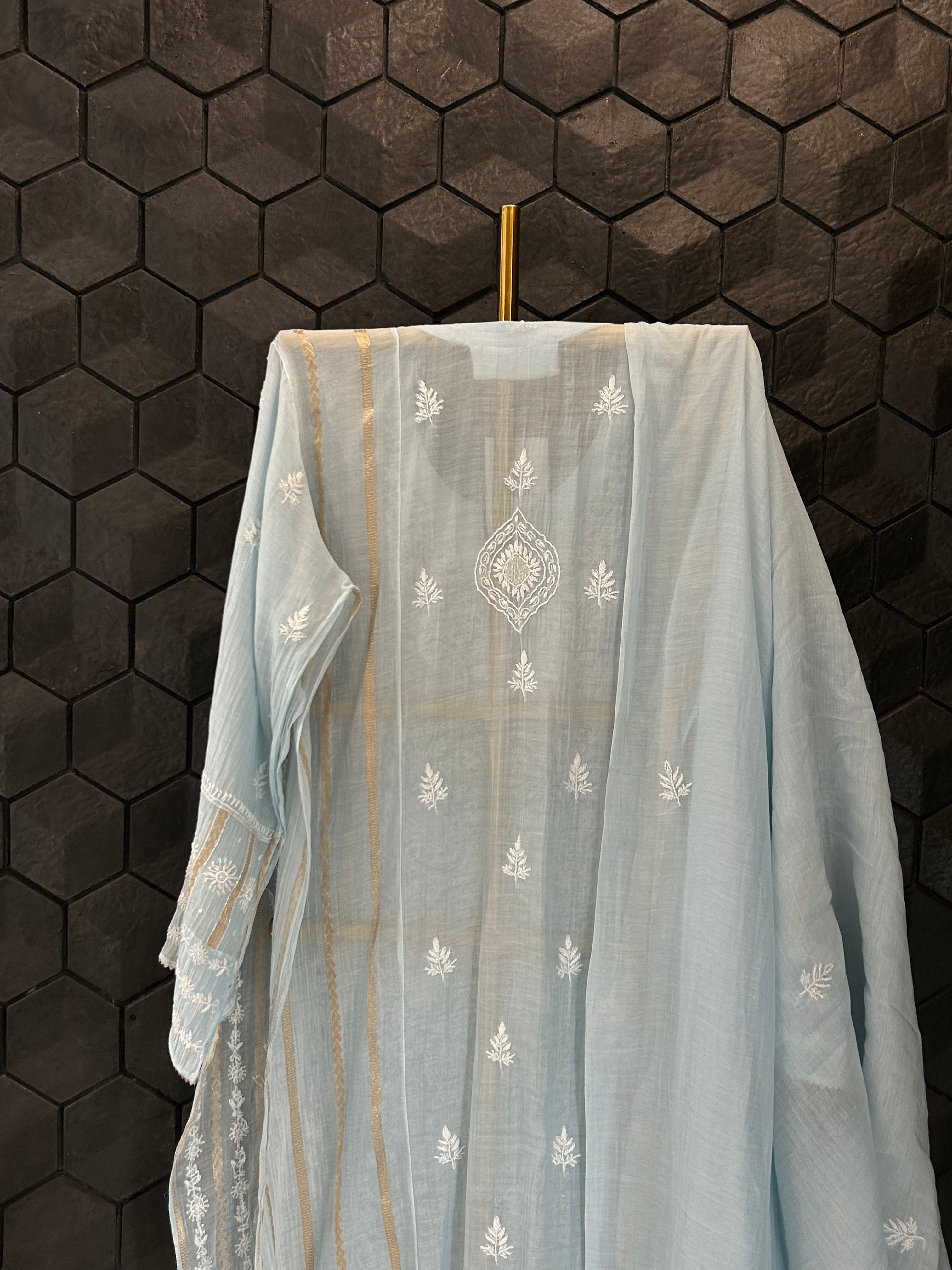 Sky Blue Mul Chanderi Chikankari Kurta Set