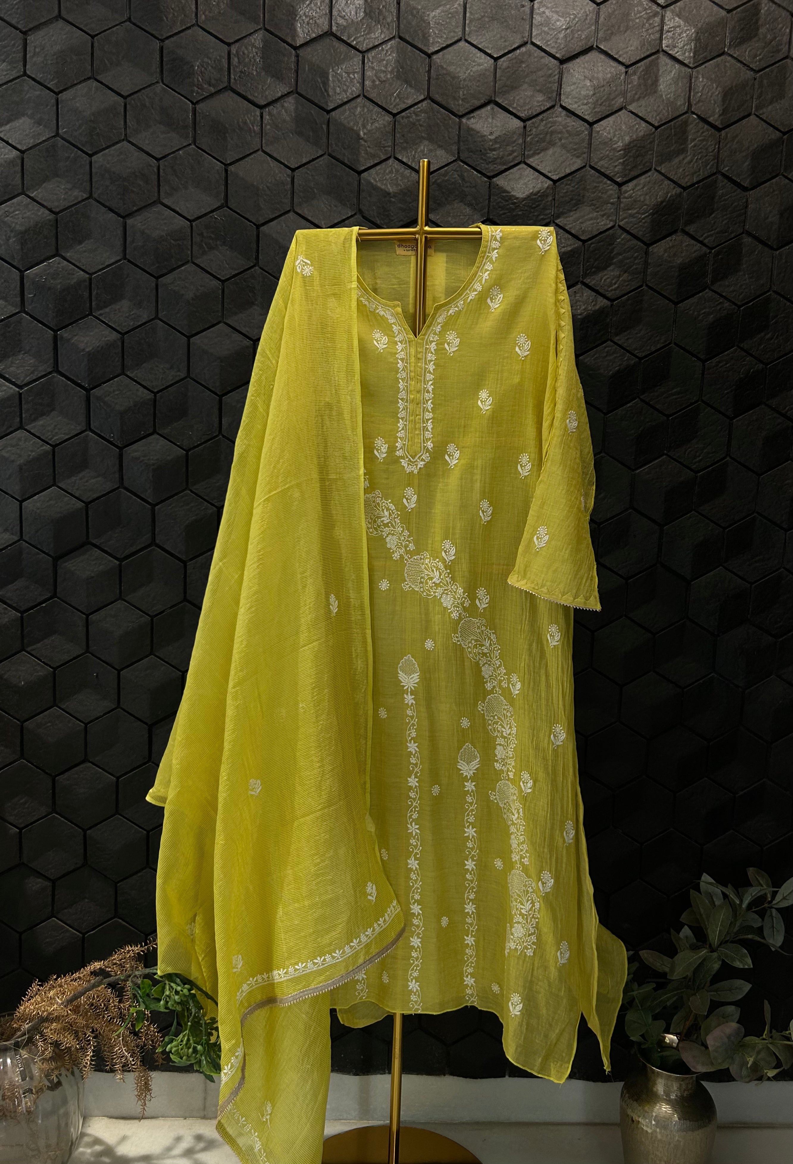 Lime Green Tissue Chikankari Kurta Set