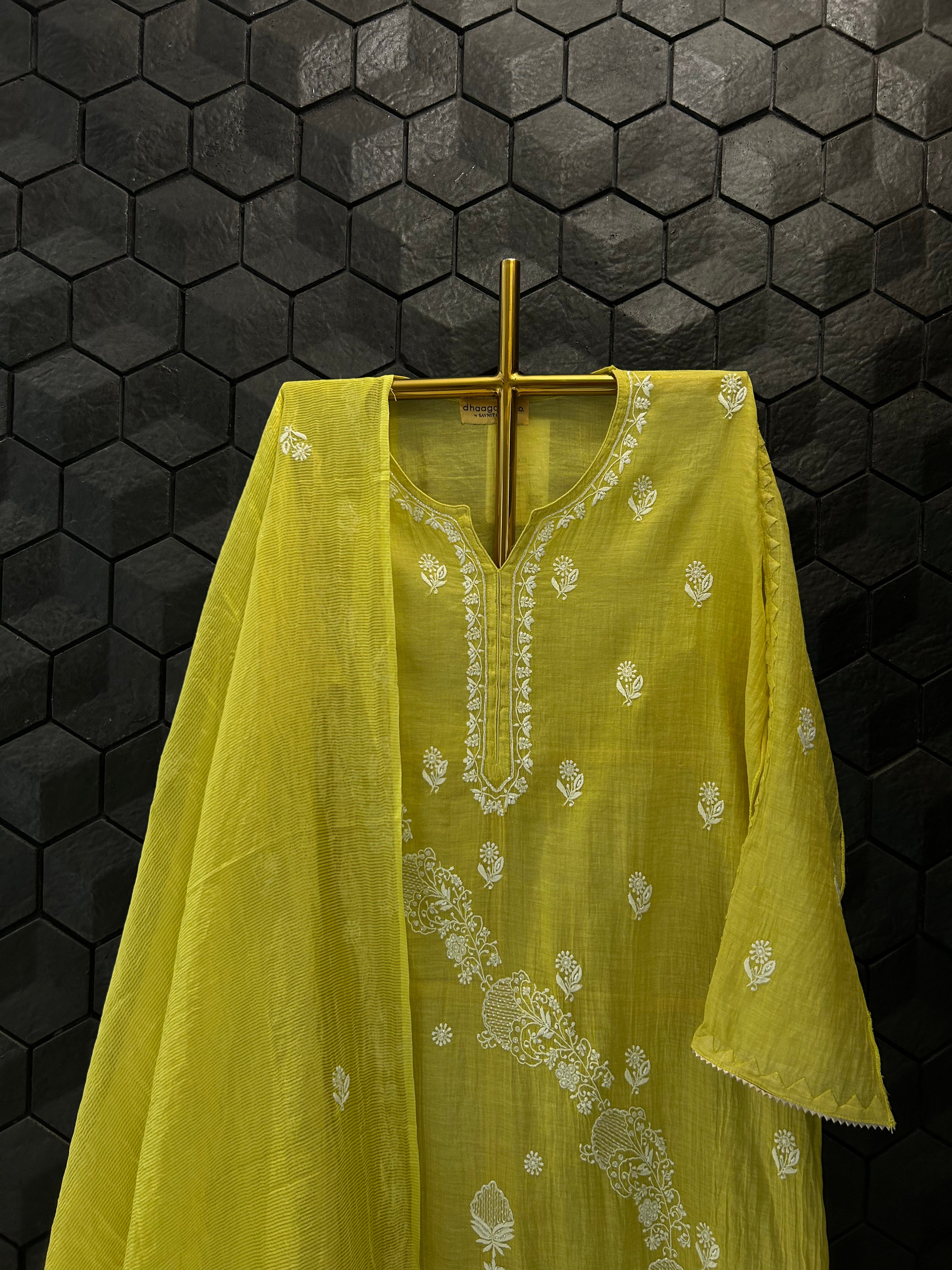 Lime Green Tissue Chikankari Kurta Set