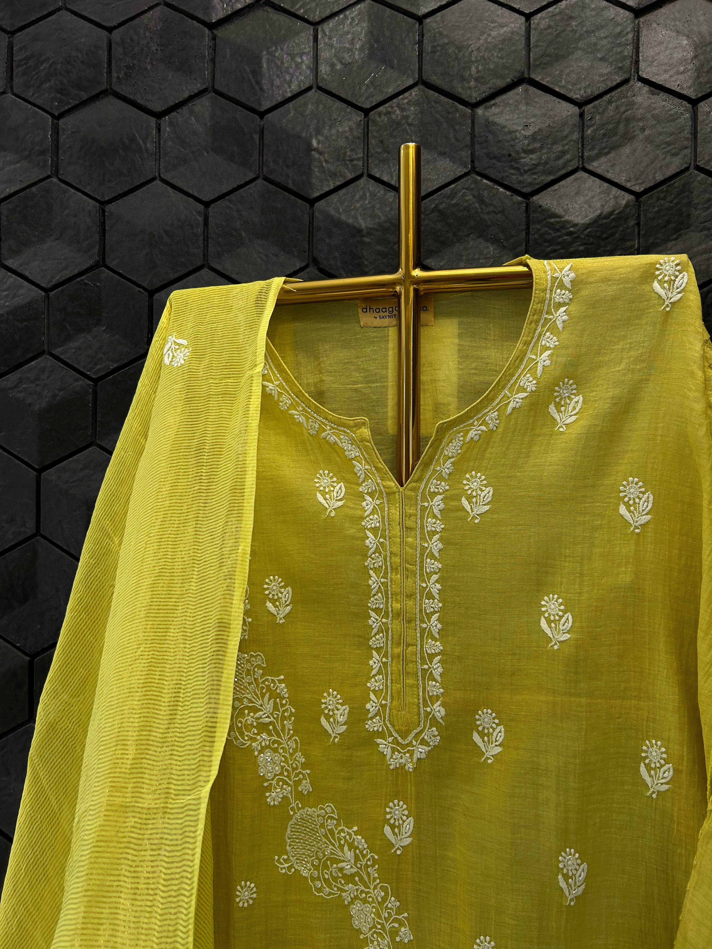 Lime Green Tissue Chikankari Kurta Set