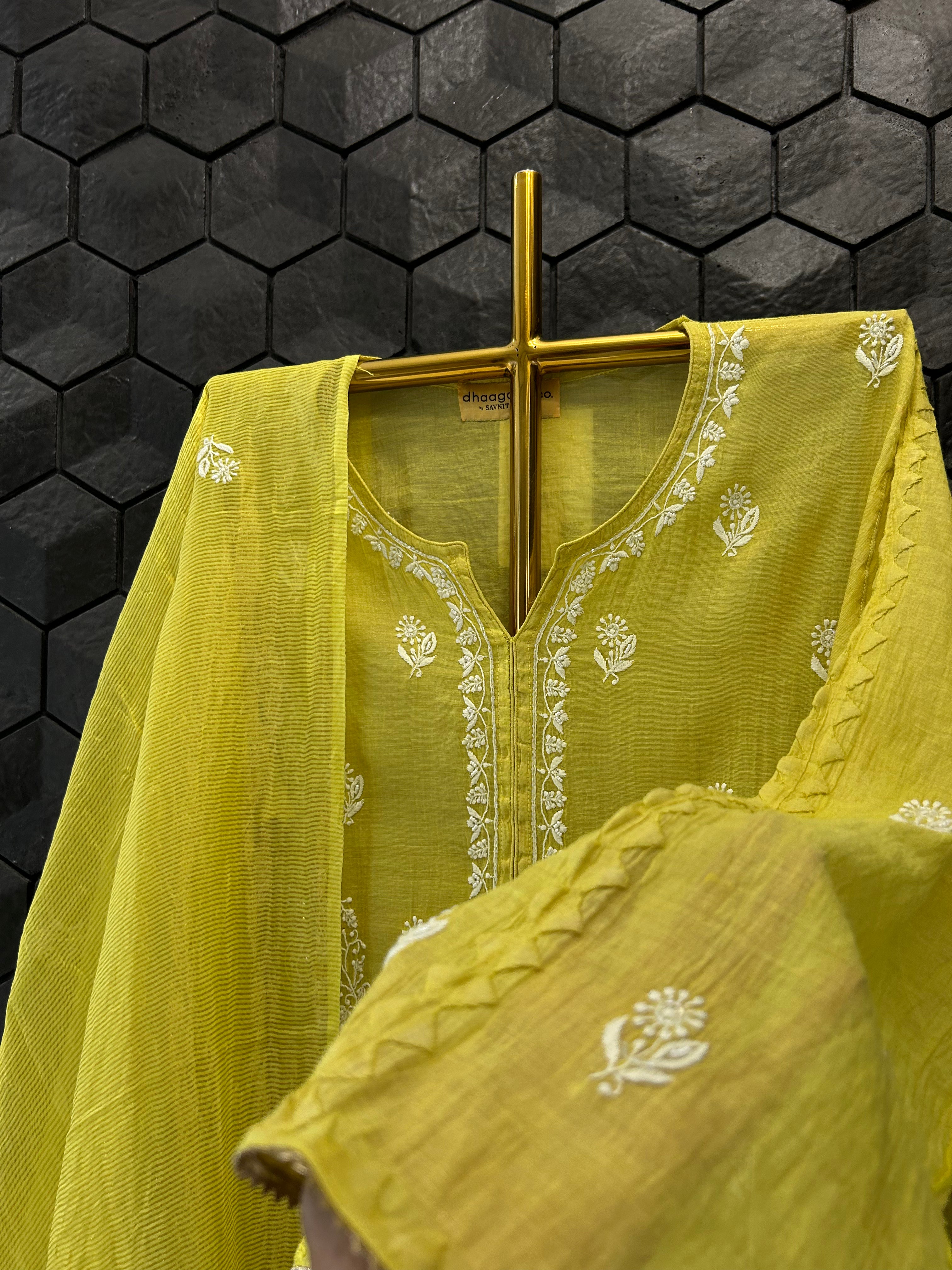 Lime Green Tissue Chikankari Kurta Set