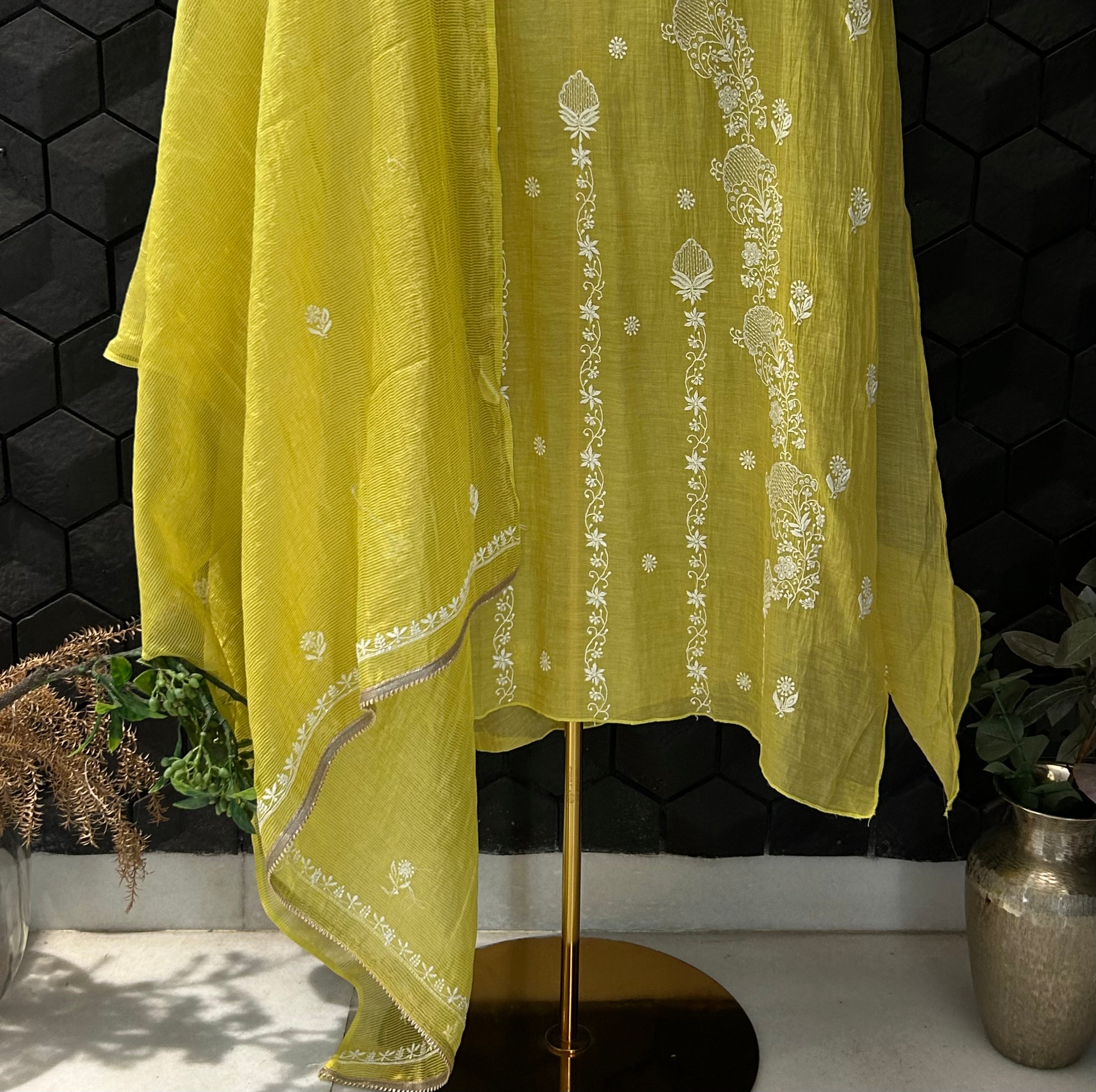 Lime Green Tissue Chikankari Kurta Set