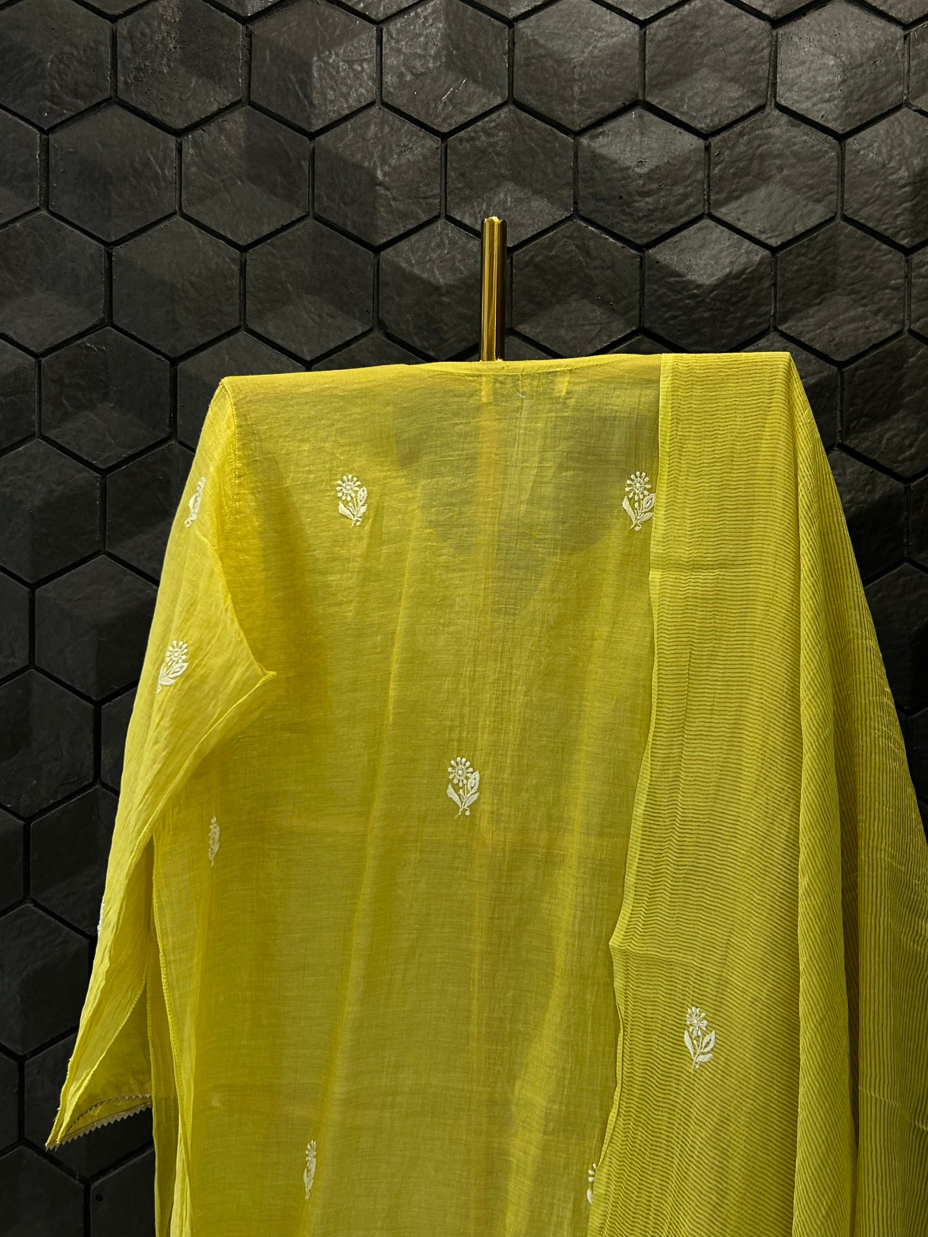 Lime Green Tissue Chikankari Kurta Set