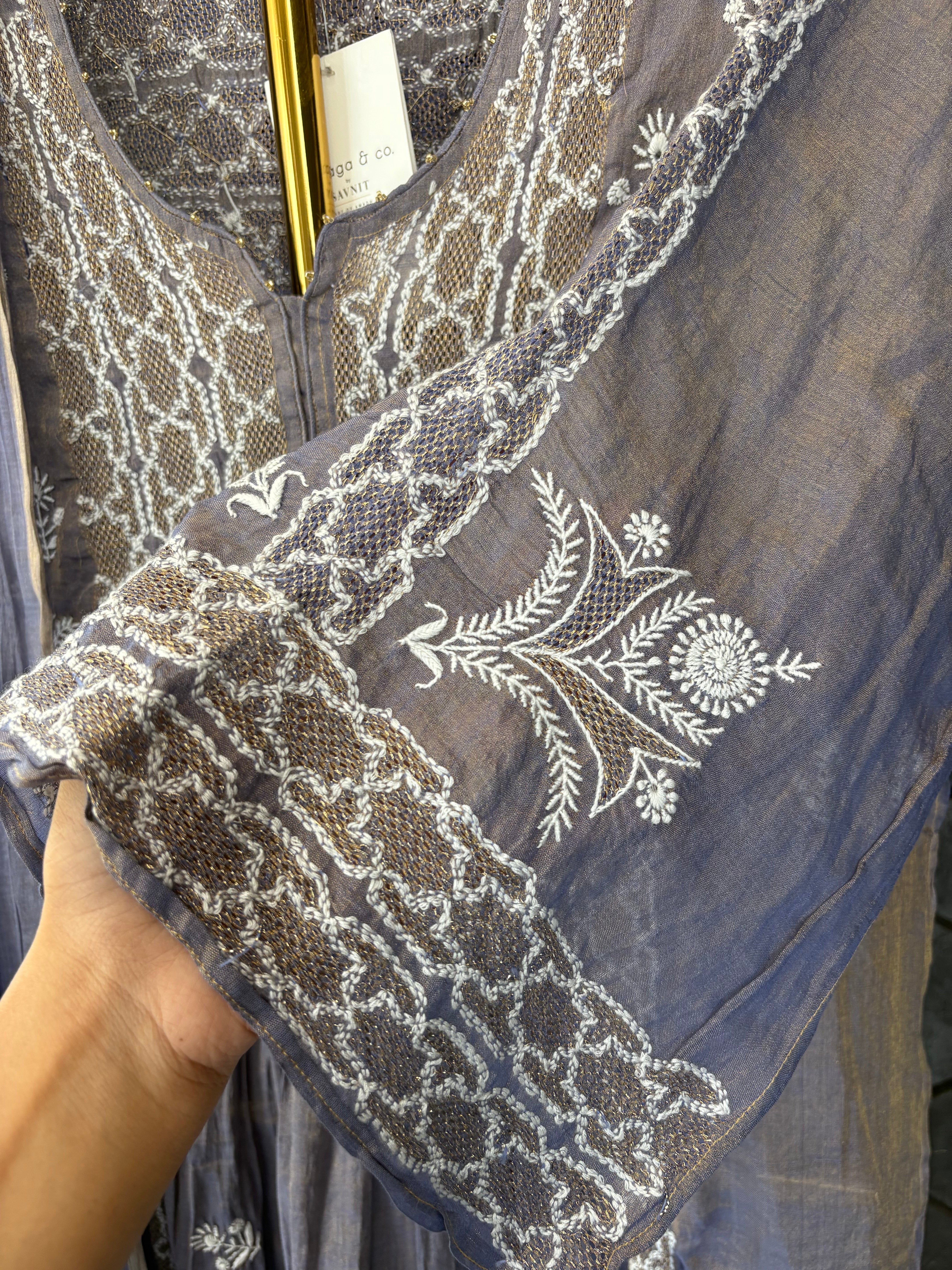 Purple Tissue Chikankari Kurta Set