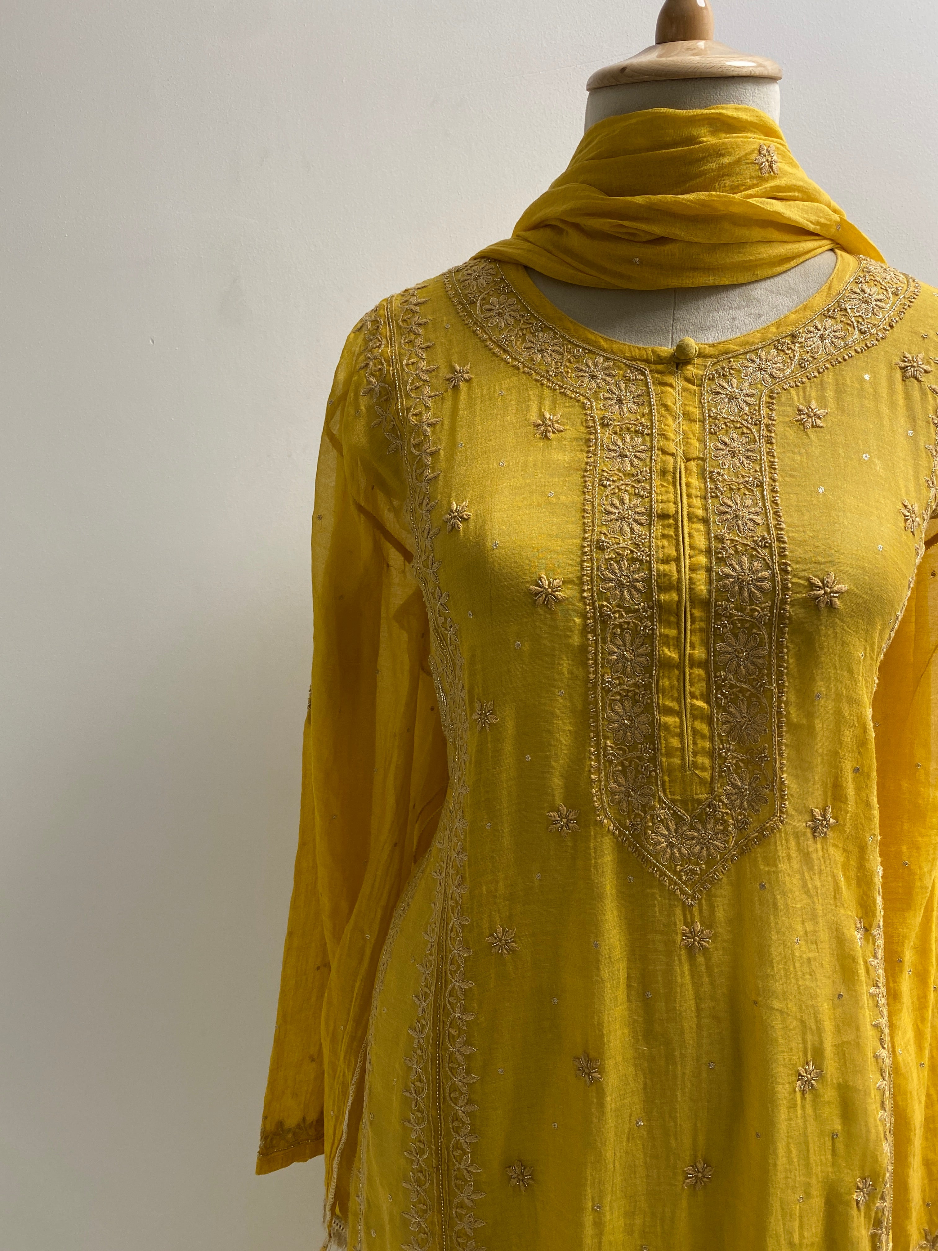 Yellow tissue chikankari Anarkali set