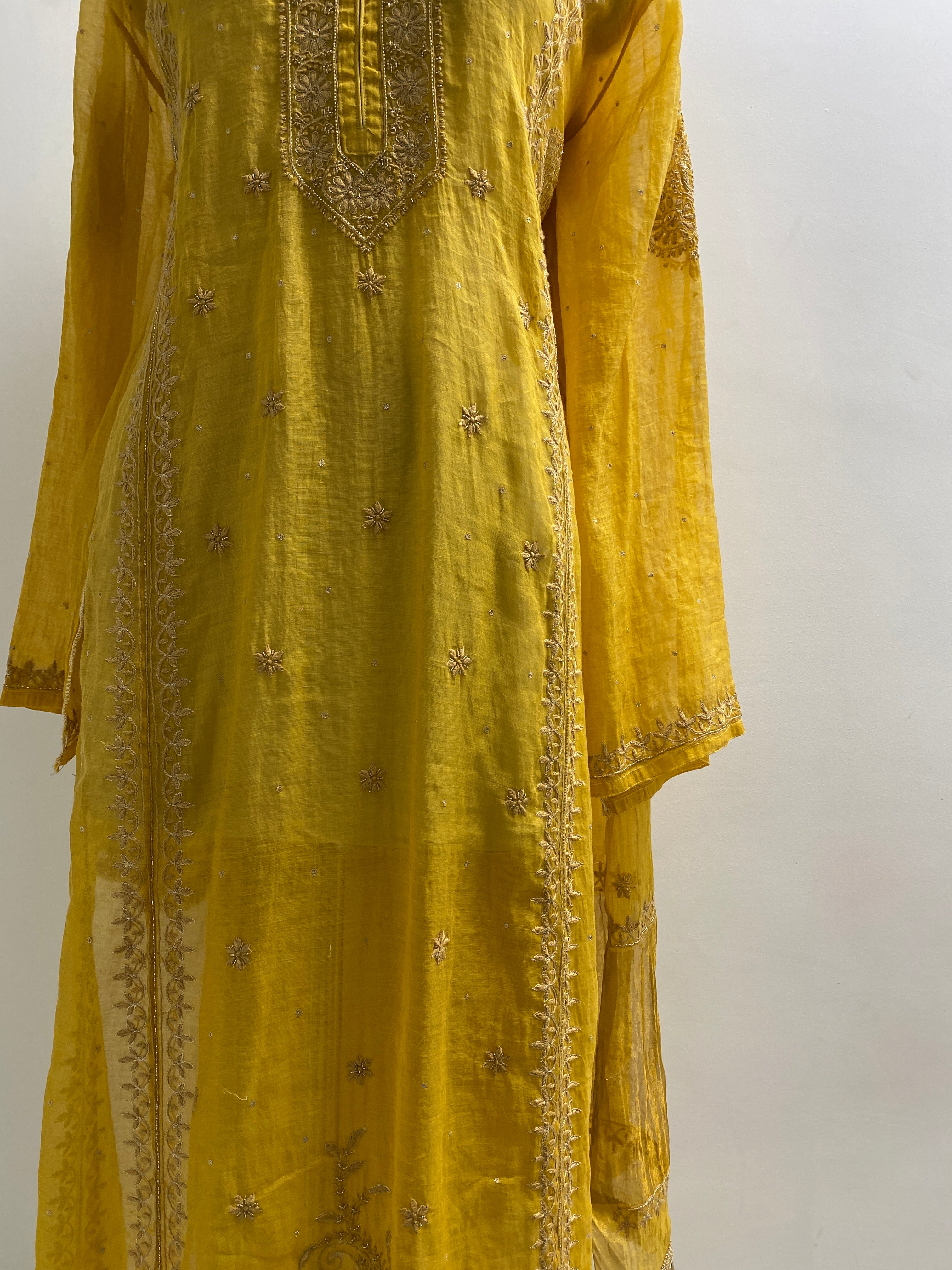 Yellow tissue chikankari Anarkali set