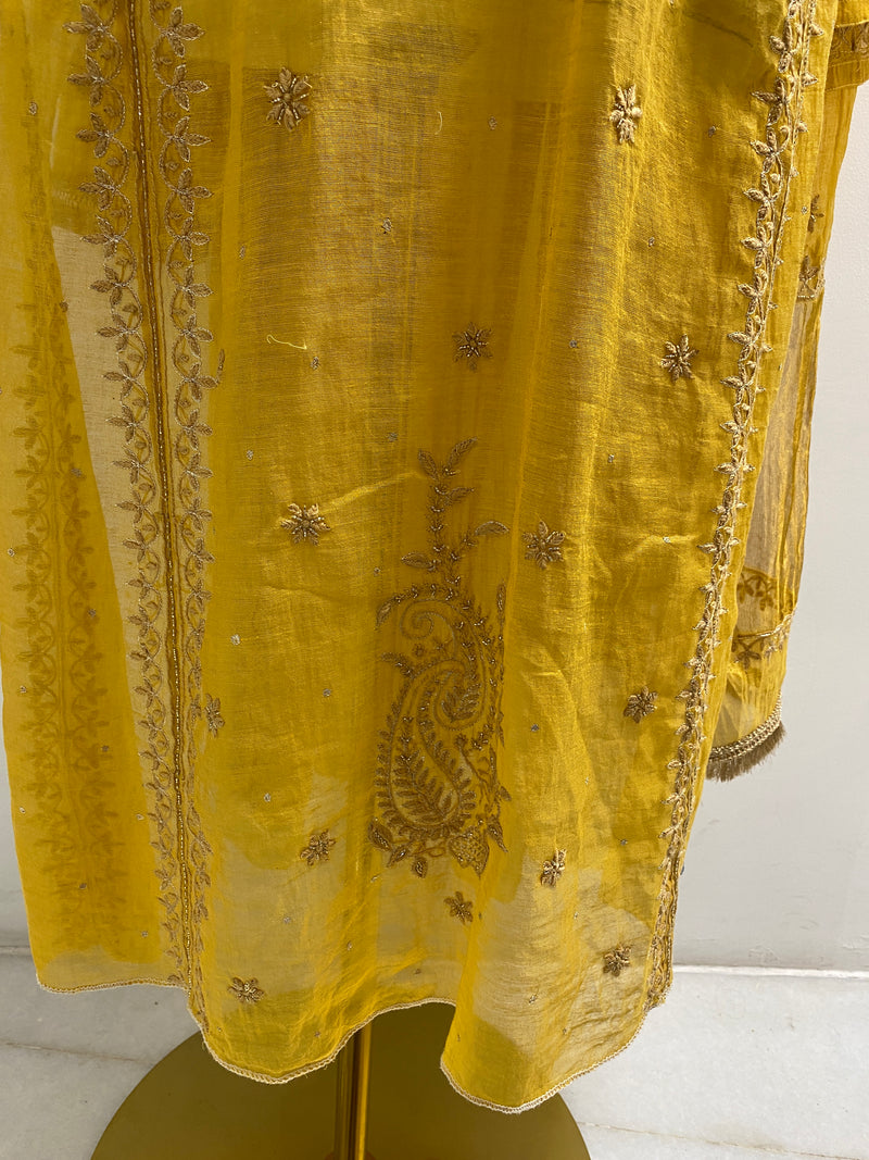 Yellow tissue chikankari Anarkali set