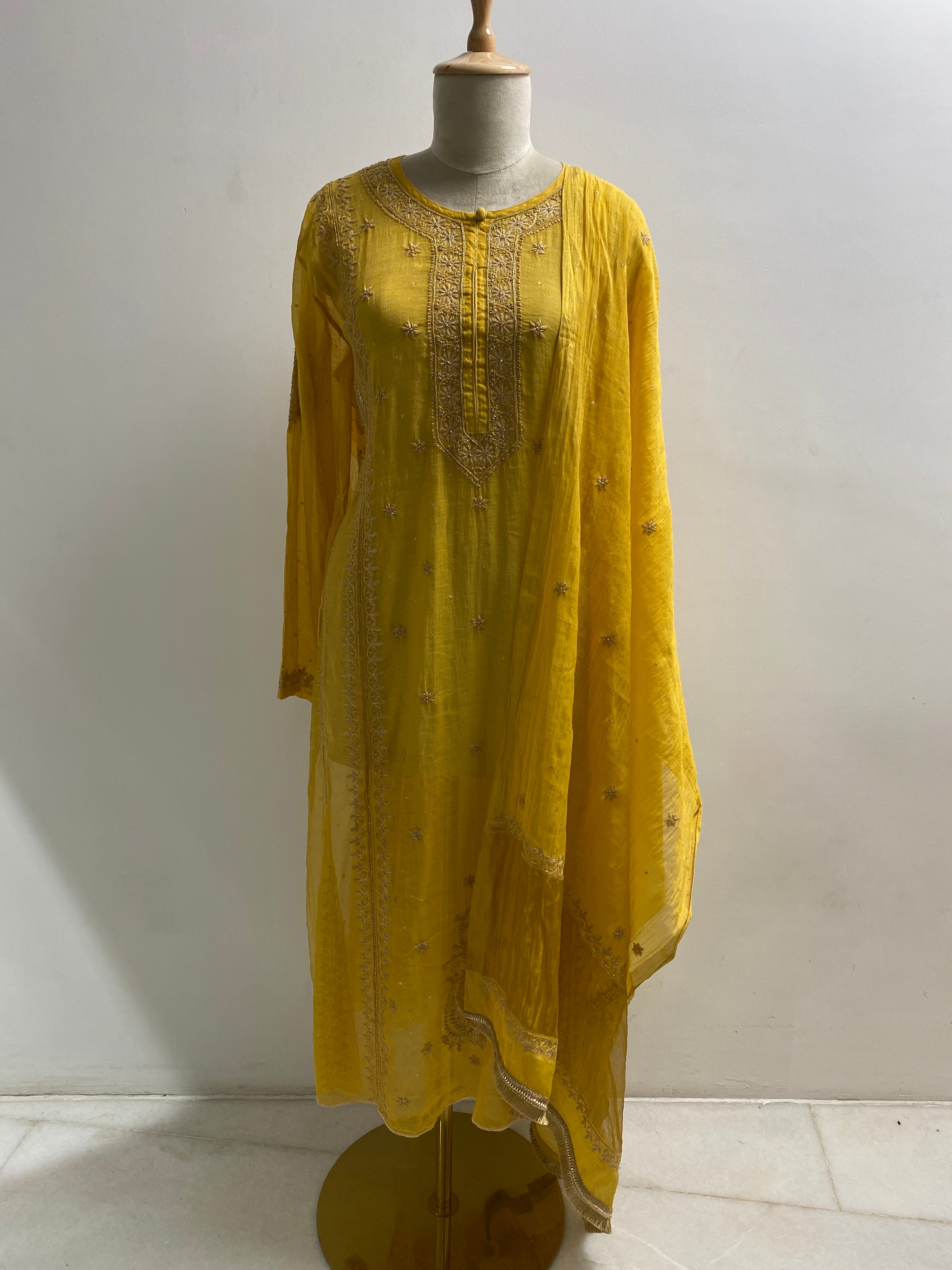 Yellow tissue chikankari Anarkali set