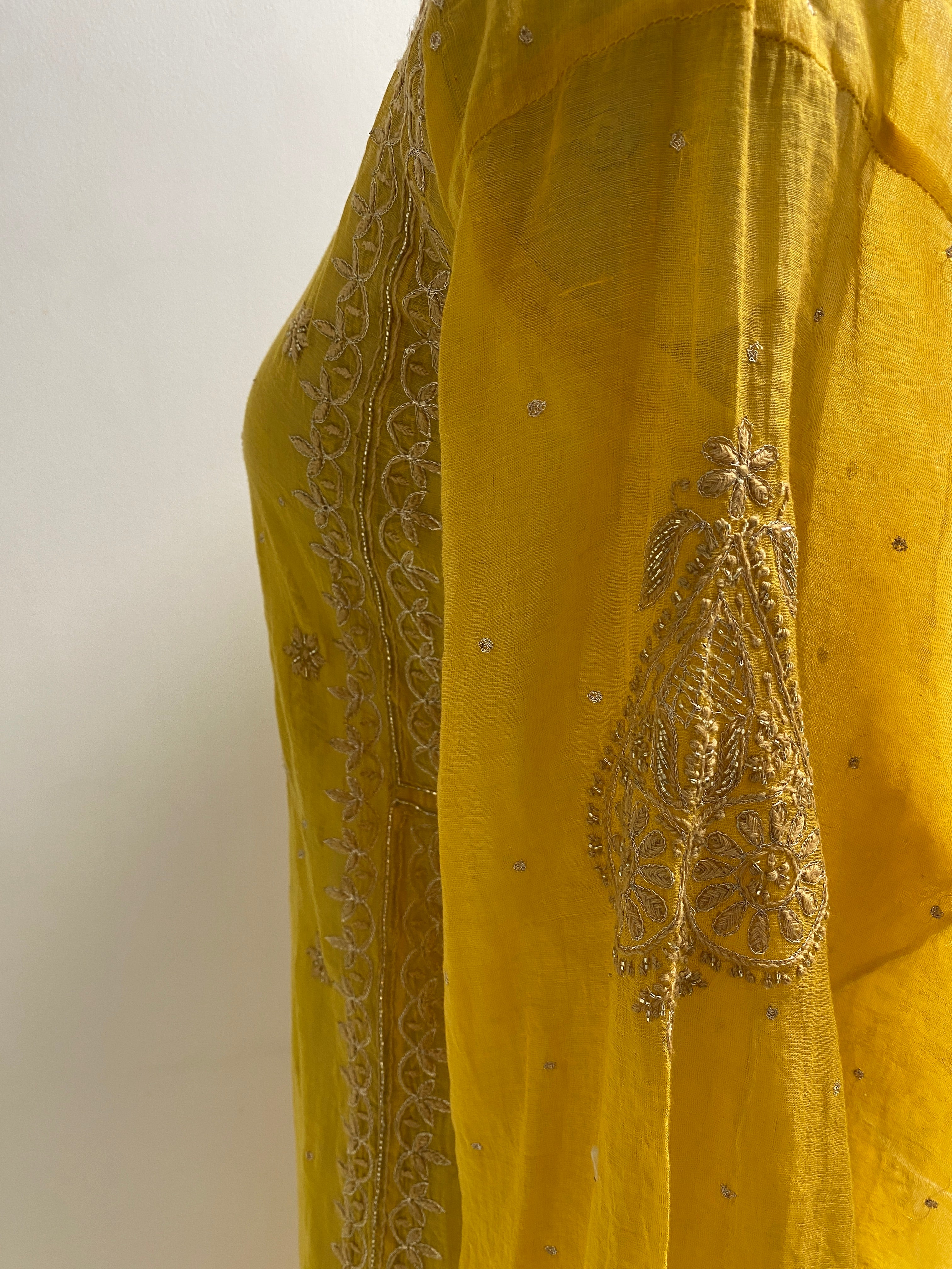 Yellow tissue chikankari Anarkali set