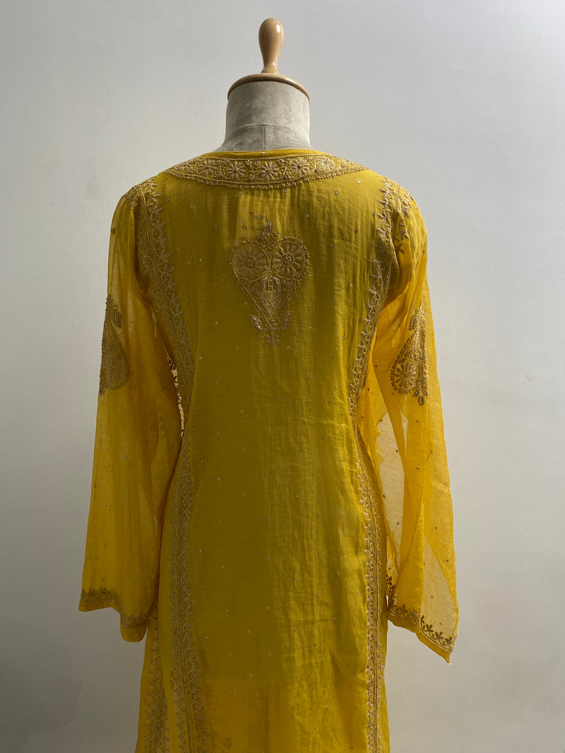 Yellow tissue chikankari Anarkali set