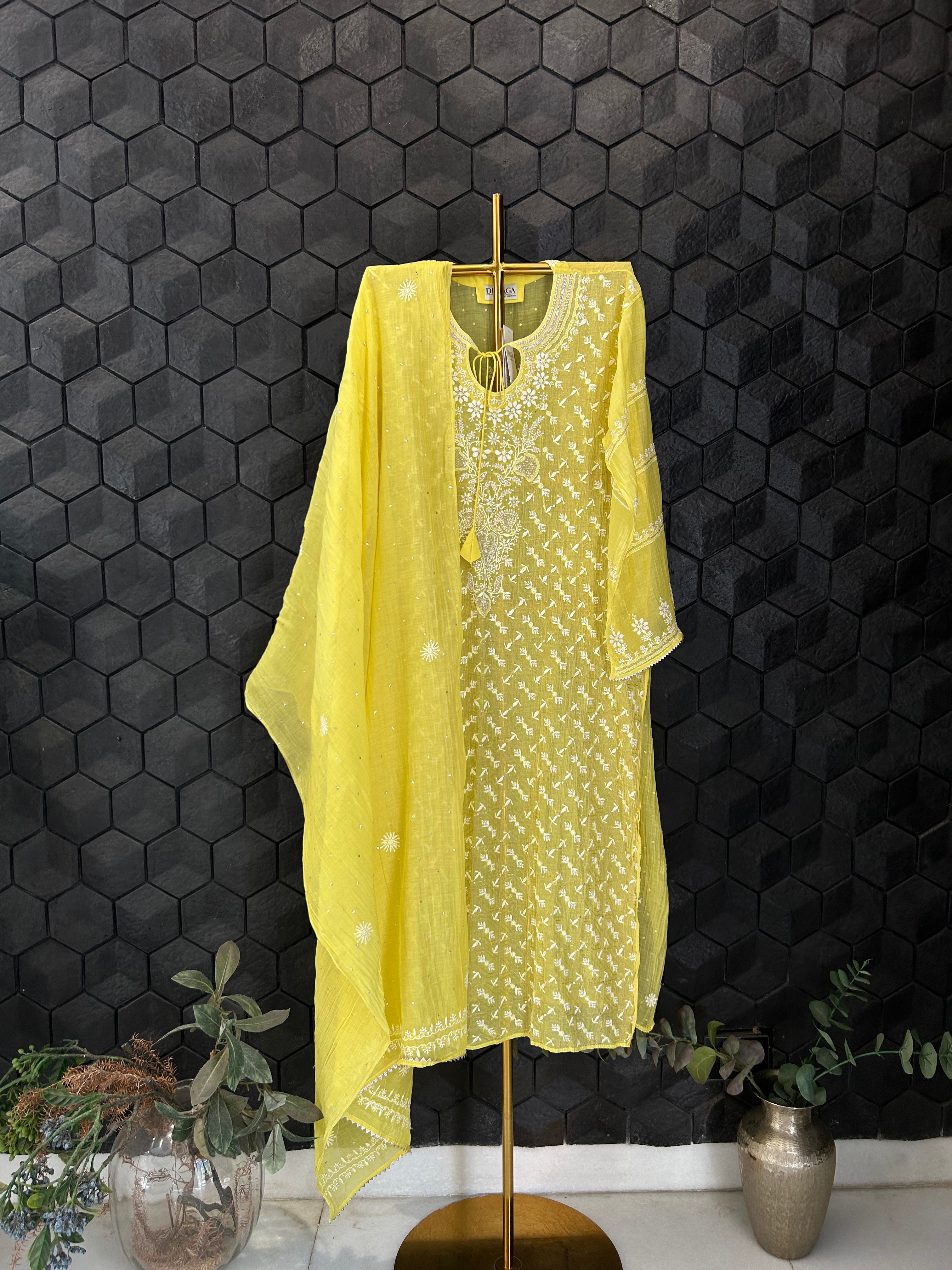Yellow Mul Chanderi Chikankari Kurta Set